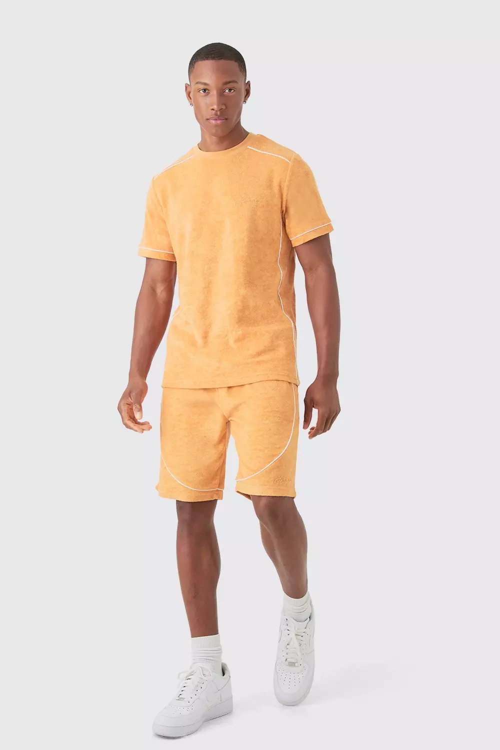 Slim Fit Towelling Piping T-shirt & Short Set Orange