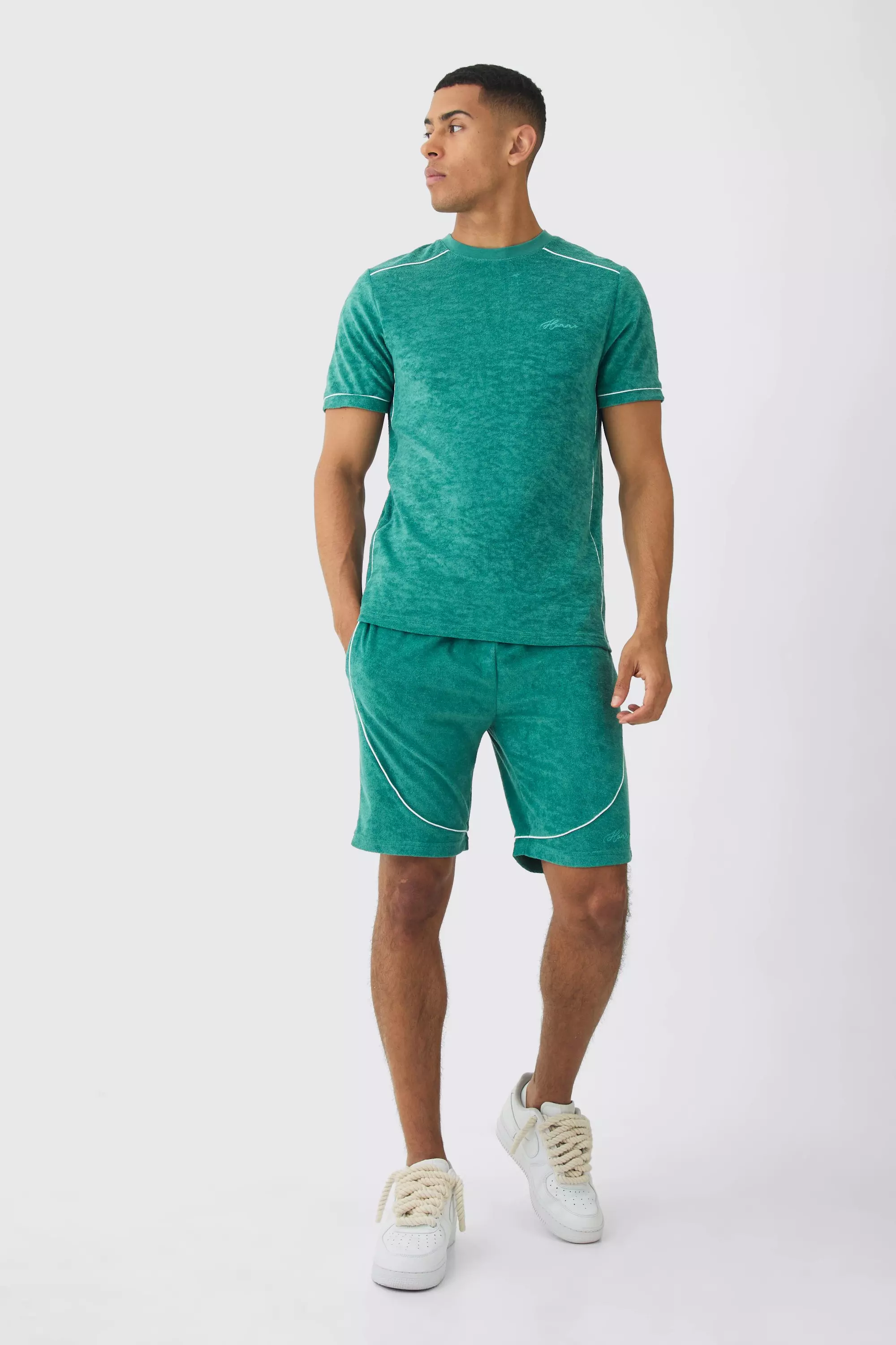Slim Fit Towelling Piping T-shirt & Short Set Green
