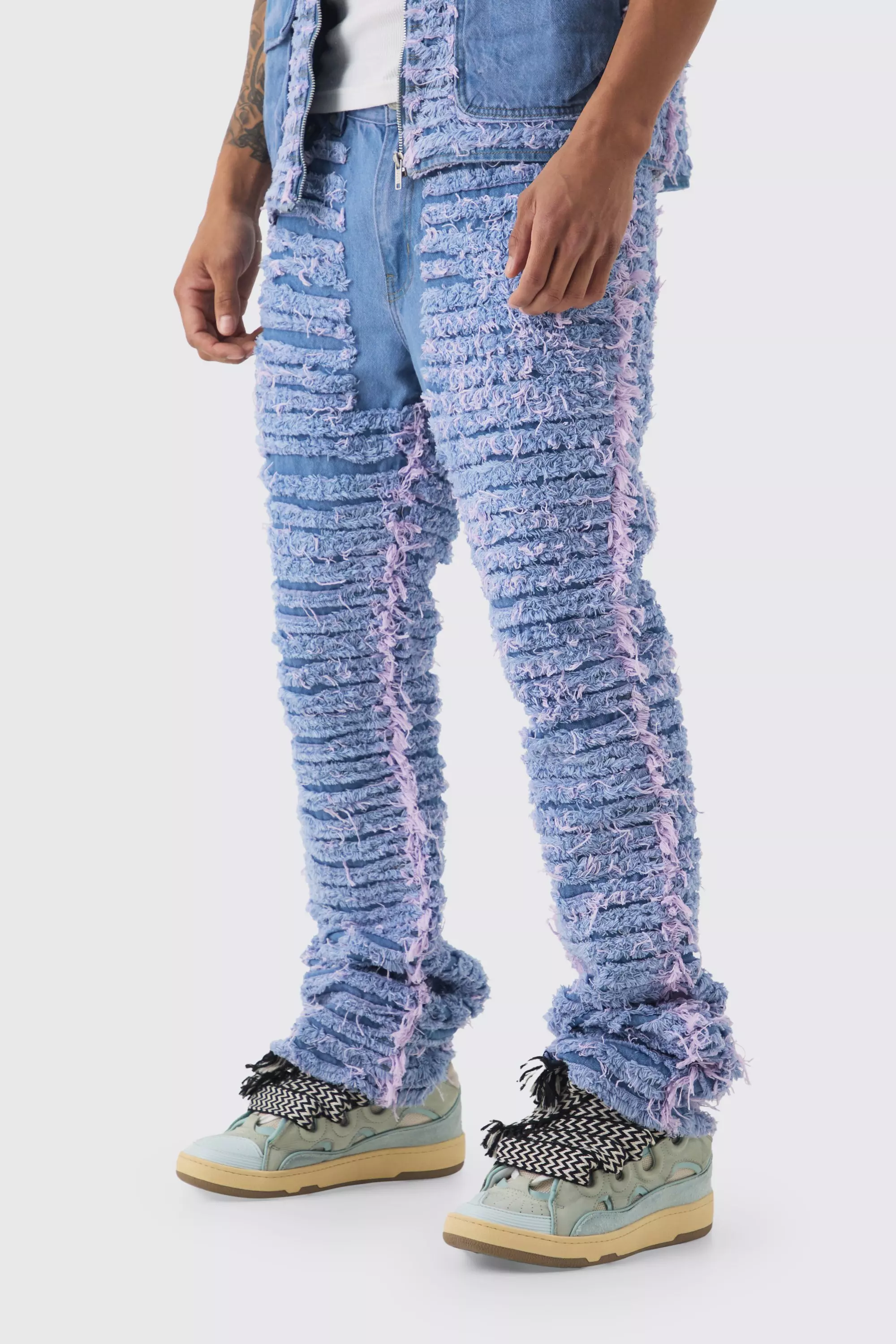 Slim Rigid Flare All Over Distressed Jeans In Lilac | boohooMAN USA