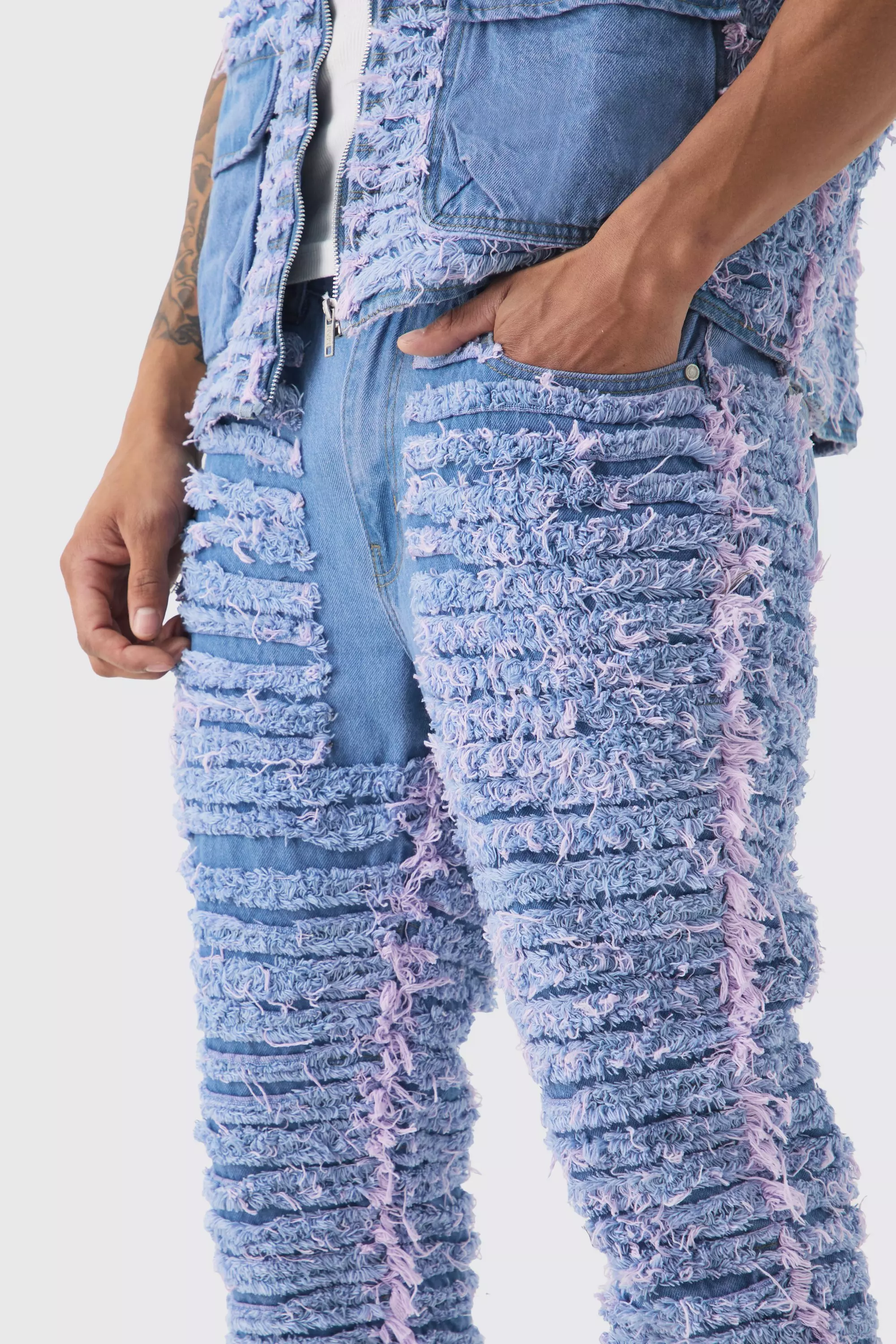 Slim Rigid Flare All Over Distressed Jeans In Lilac | boohooMAN USA