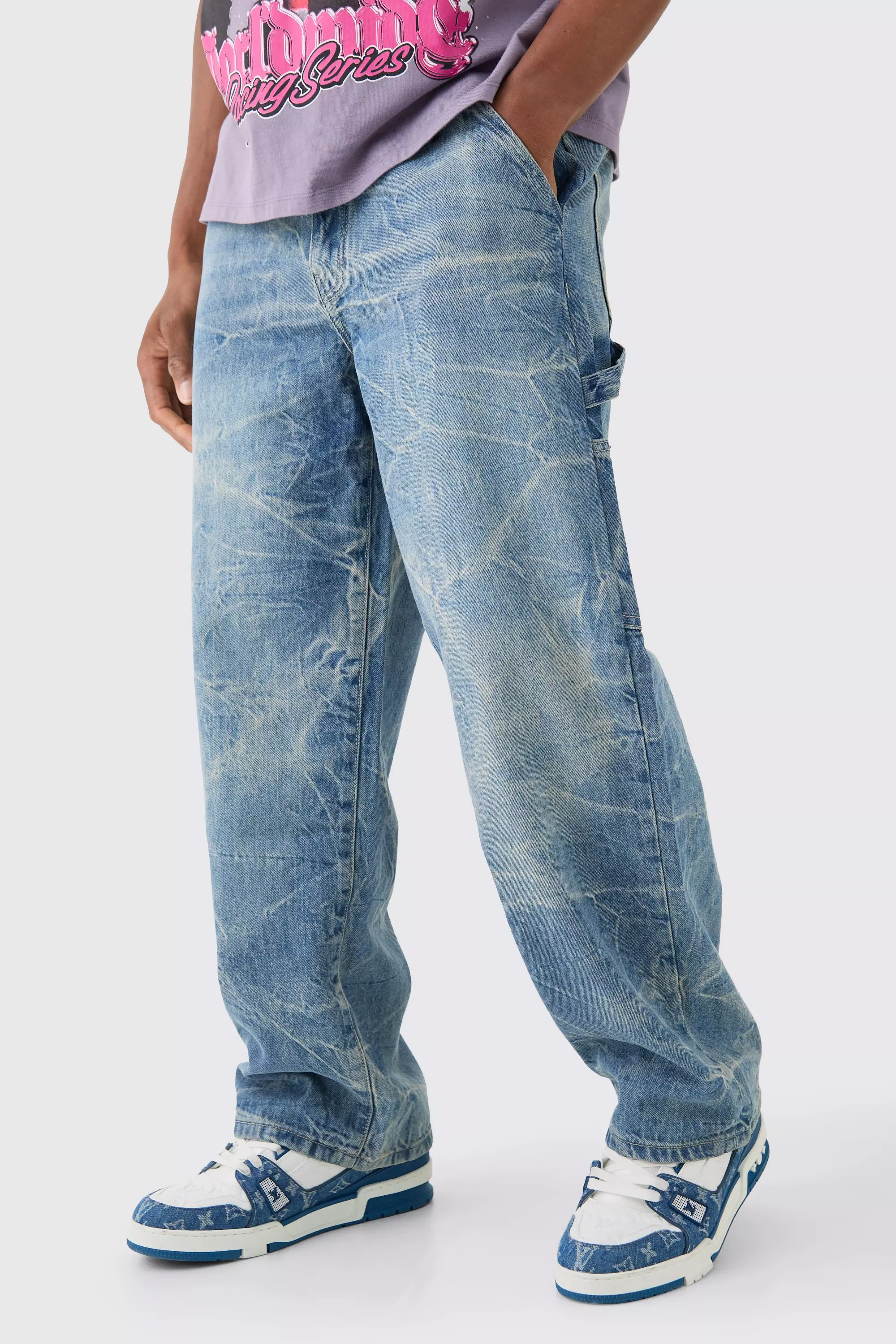 Blue Baggy Rigid Carpenter Crinkle Denim Jeans In Antique Blue