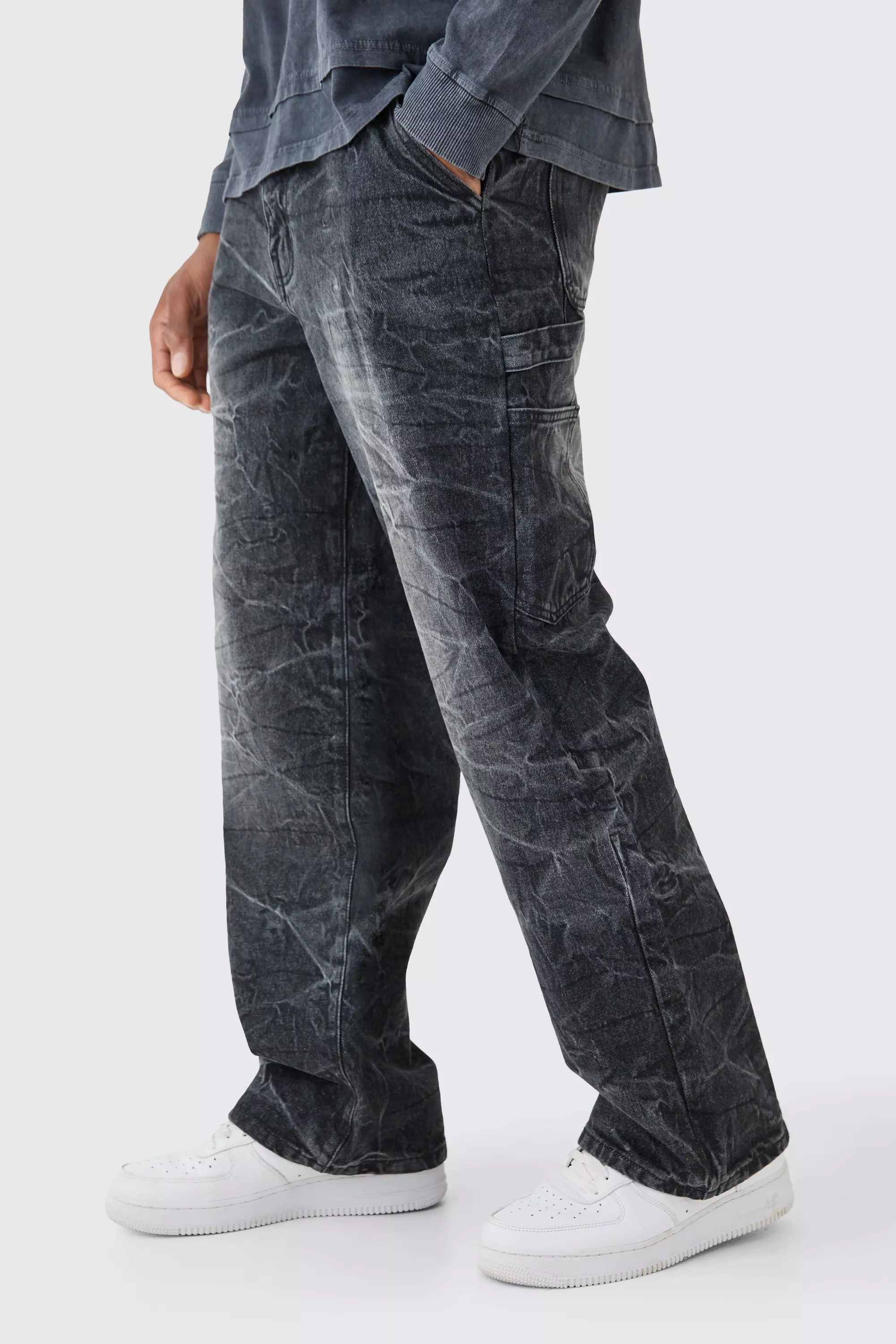 Grey Baggy Rigid Carpenter Crinkle Denim Jeans In Washed Black