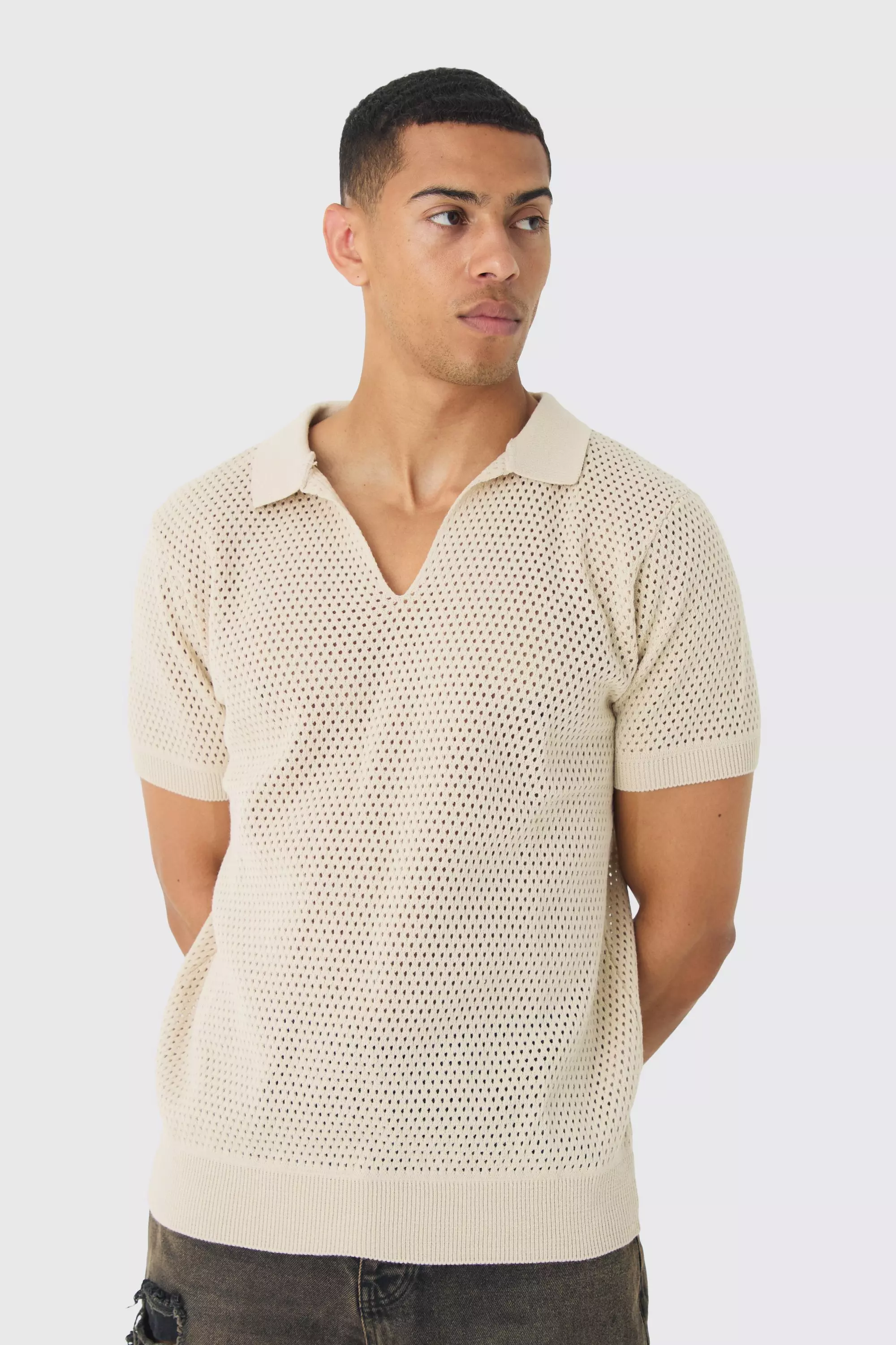 Regular Fit Open Stitch Revere Polo In Ecru Ecru