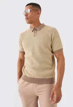 Regular Fit Ribbed Open Stitch Contrast Polo In Taupe Taupe