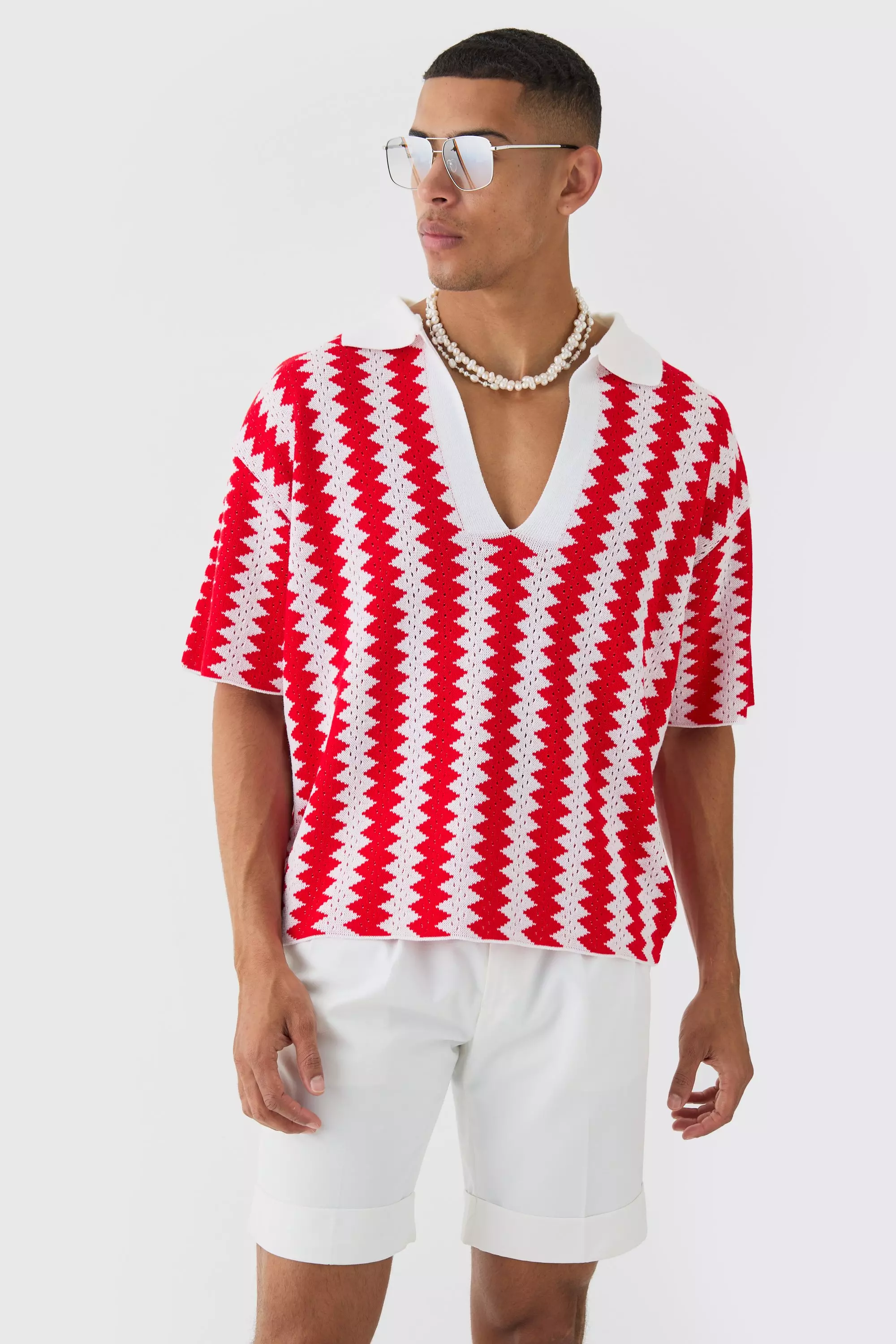 Oversized Boxy Drop Revere Open Stitch Stripe Polo In Red Red