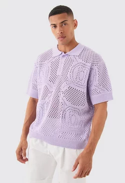 Oversized Boxy Open Stitch All Over Textured Polo In Lilac Lilac