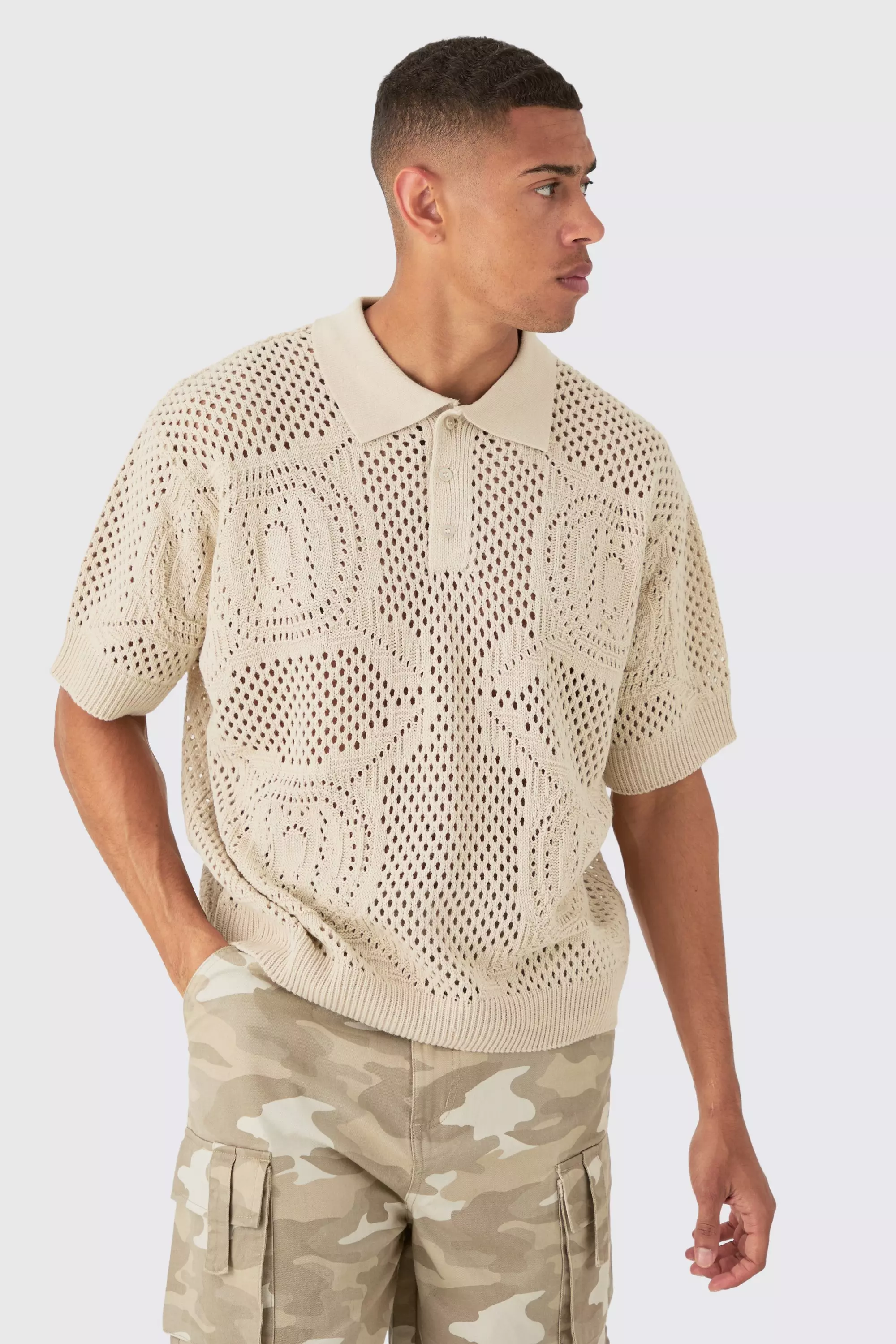 Oversized Boxy Open Stitch All Over Textured Polo In Stone Stone