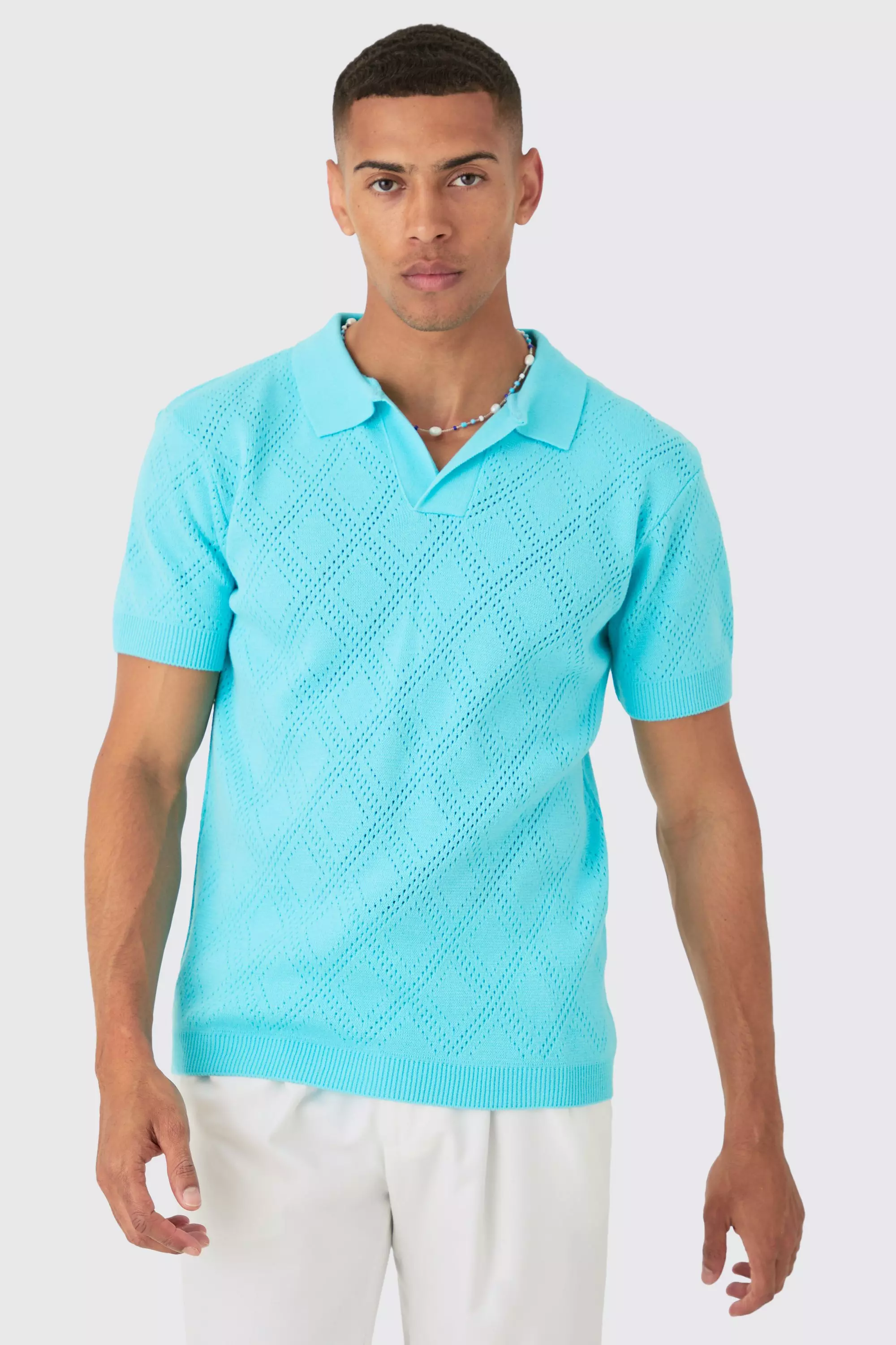 Regular Fit Revere Open Stitch Polo In Aqua Aqua