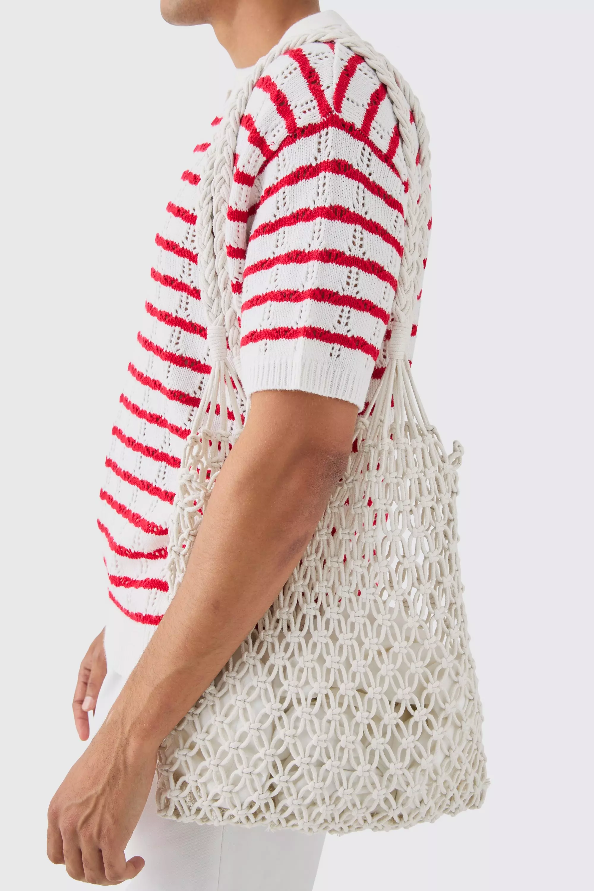 Open Knit Crochet Tote Bag In White White