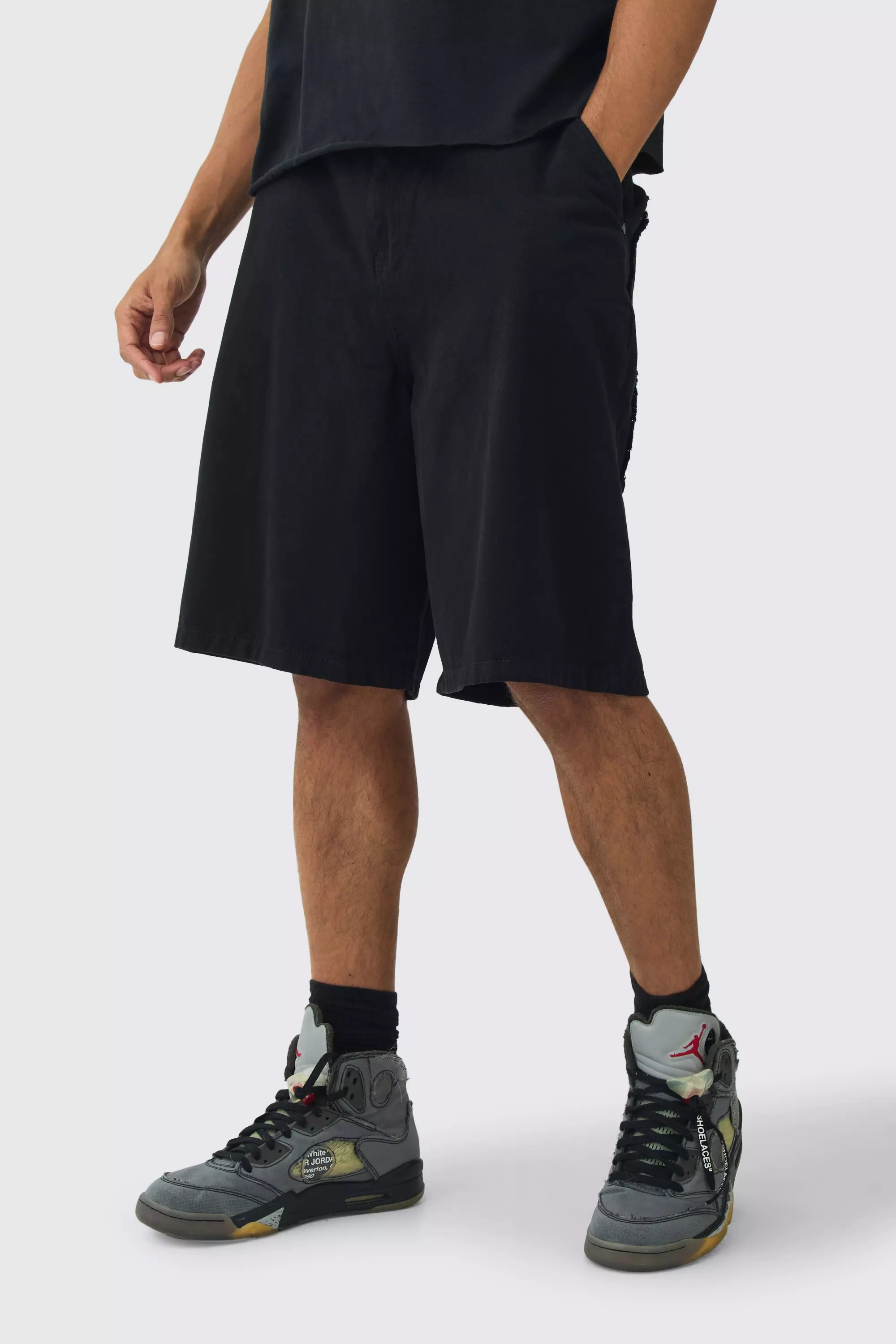 Fixed Waist Distressed Parachute Shorts Black