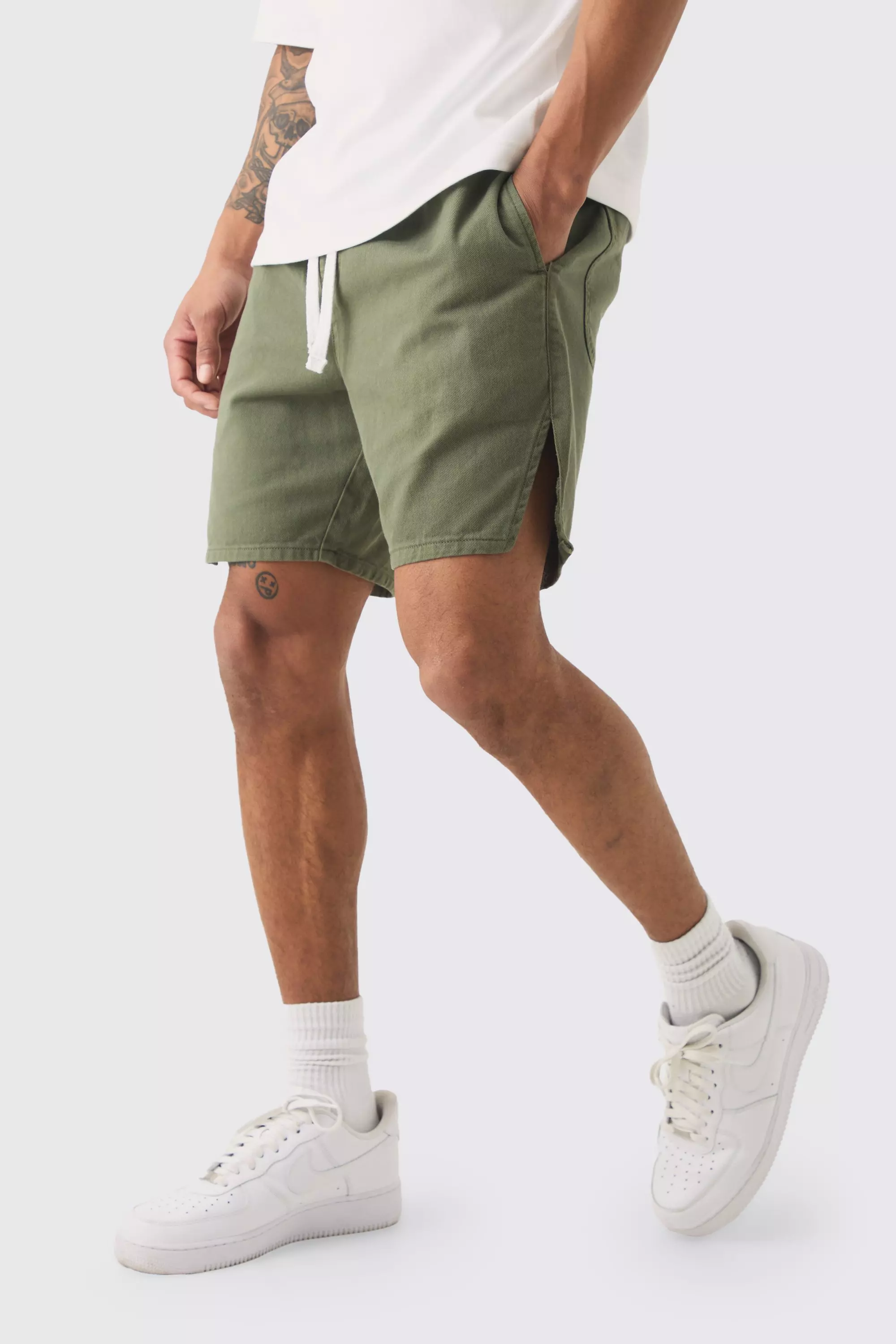 Elasticated Waist Contrast Drawcord Split Hem Shorts Khaki