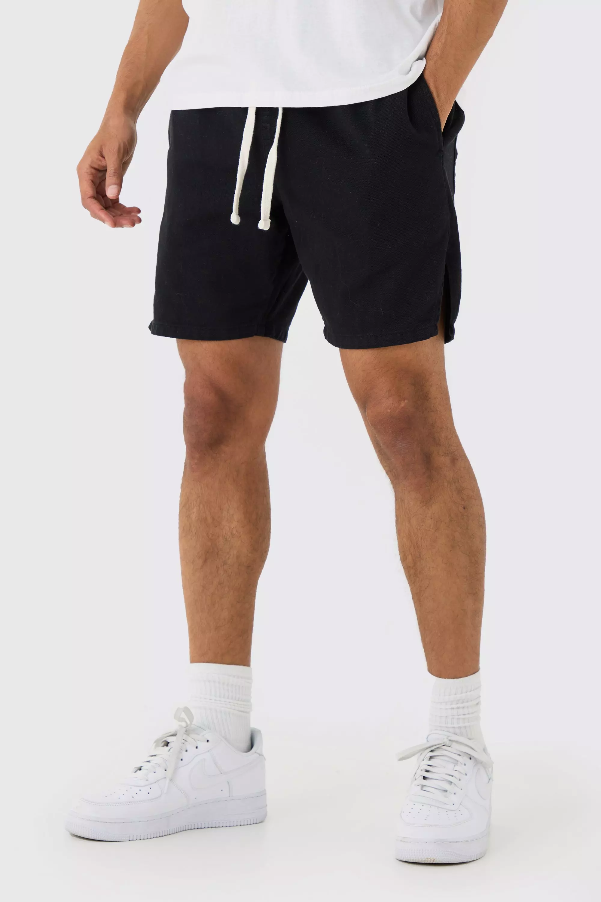 Elasticated Waist Contrast Drawcord Split Hem Shorts Black