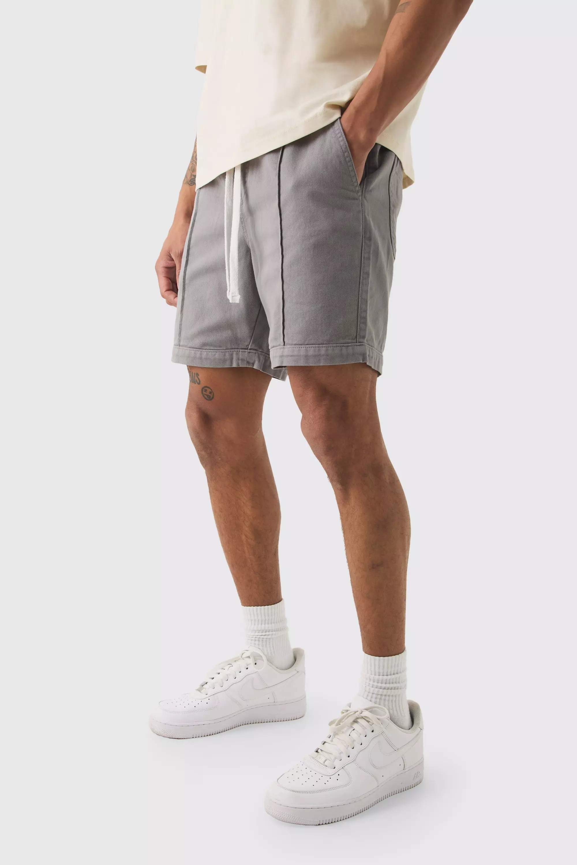 Grey Elasticated Waist Contrast Drawcord Relaxed Pintuck Shorts