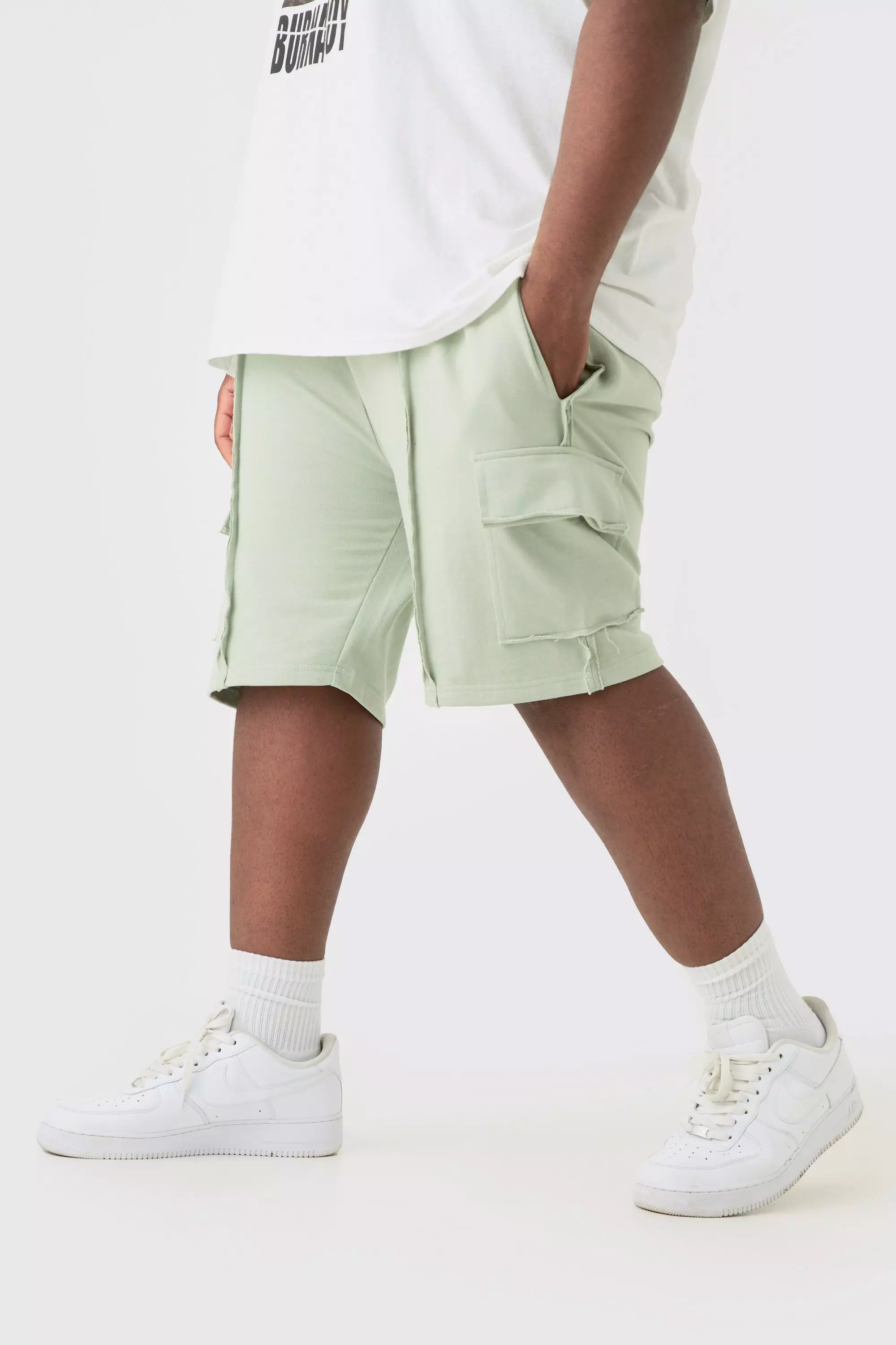 Plus Loose Fit Raw Interlock Seam Cargo Jersey Short Sage