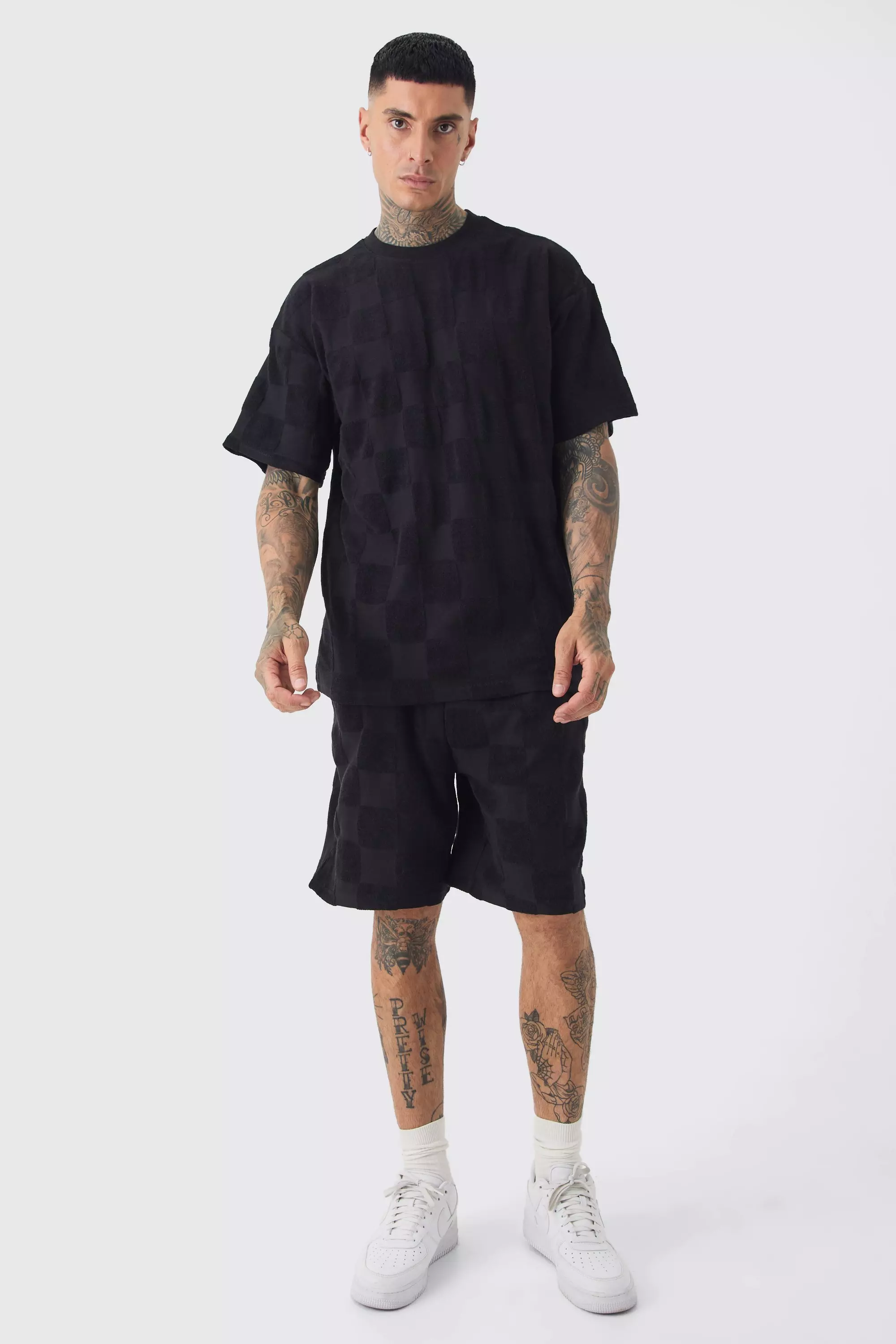 Tall Embossed Checkered Towelling Tee & Short Set in Black Black