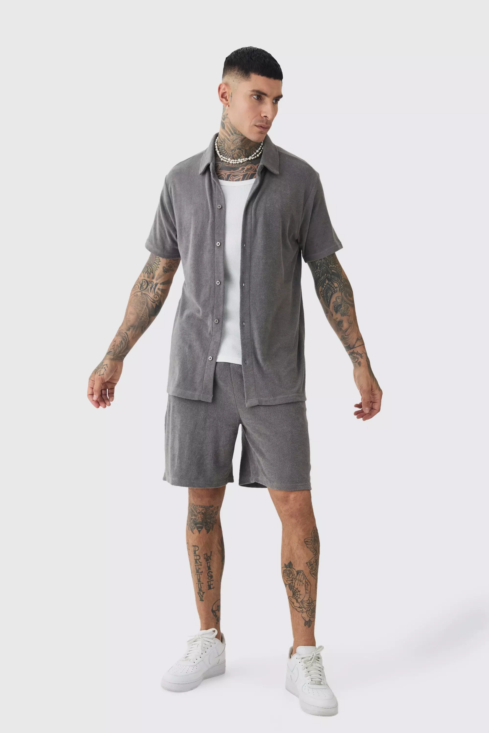 Tall Towelling Shirt Shirt & Short Set in Grey Grey