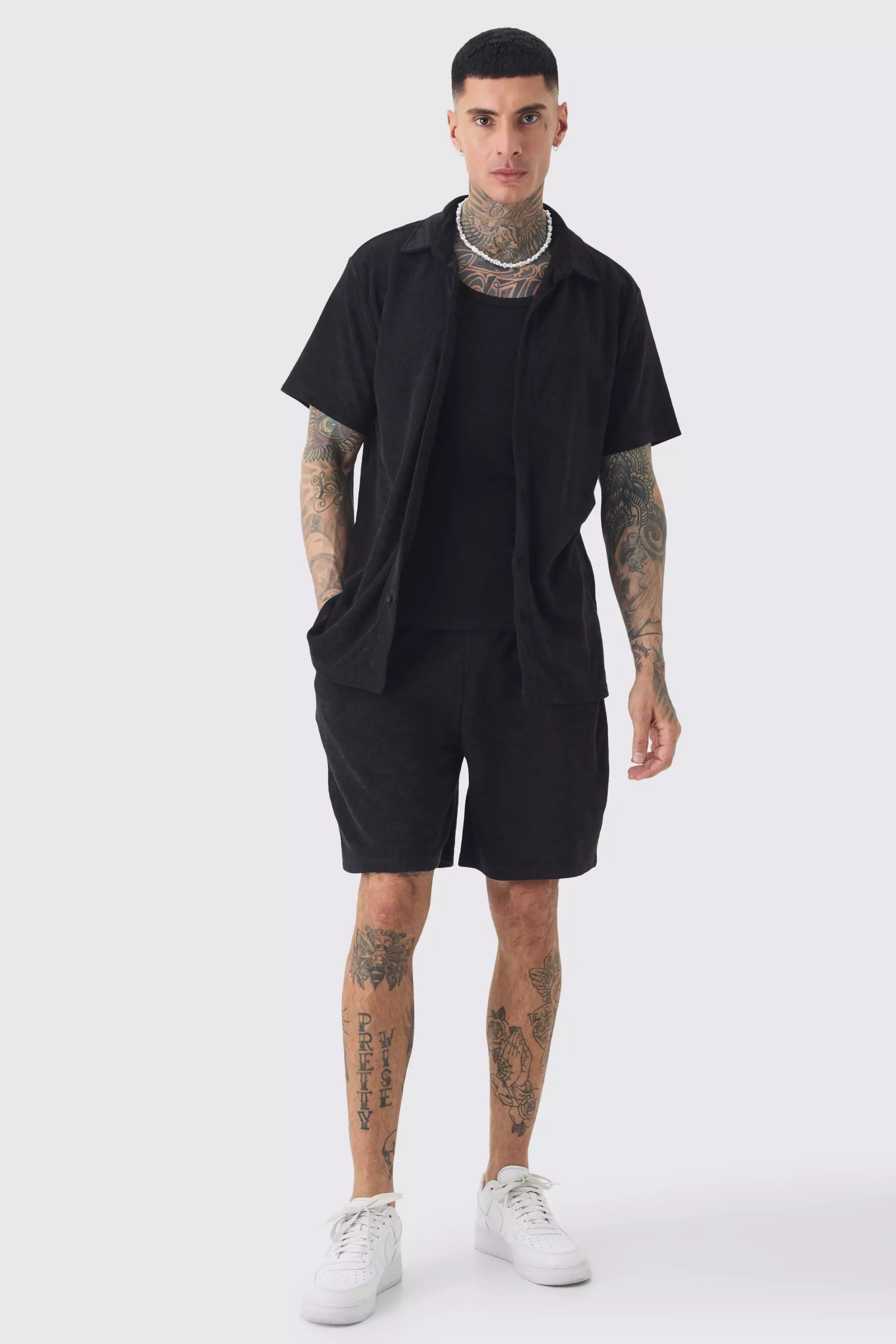 Tall Towelling Shirt & Short Set in Black Black