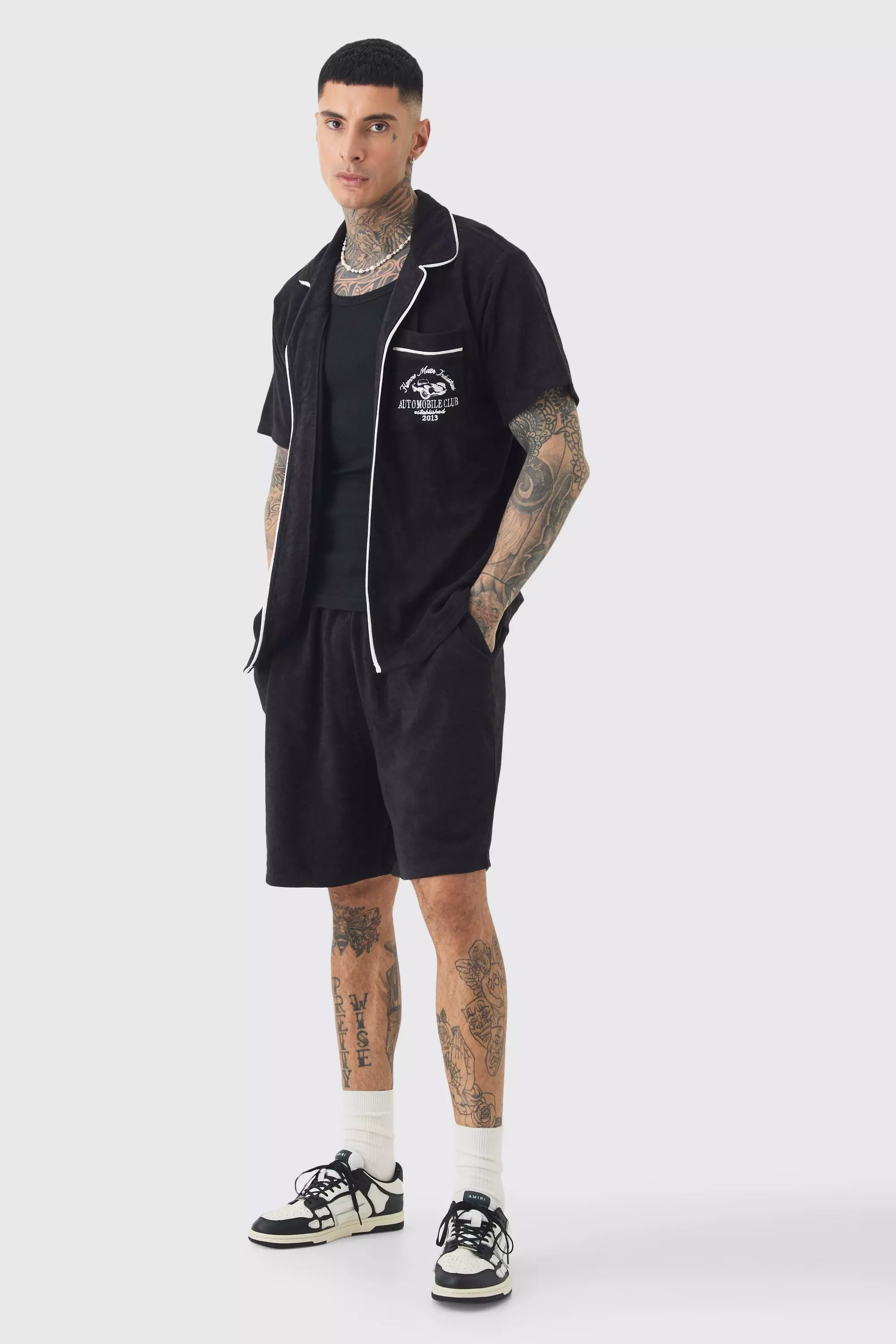 Tall Embroidered Towelling Shirt & Short Set In Black Black