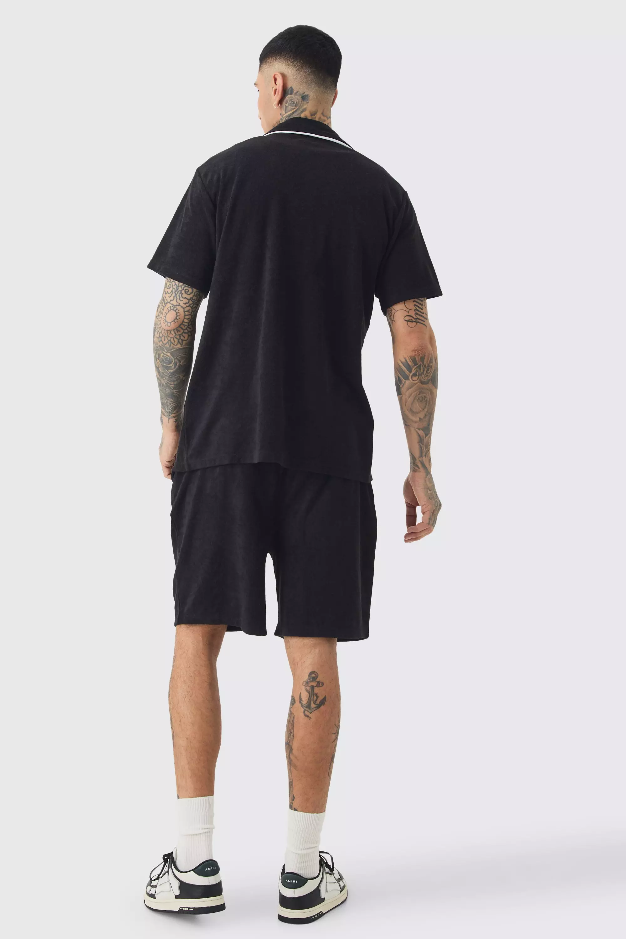 Tall Embroidered Towelling Shirt & Short Set In Black alternative image