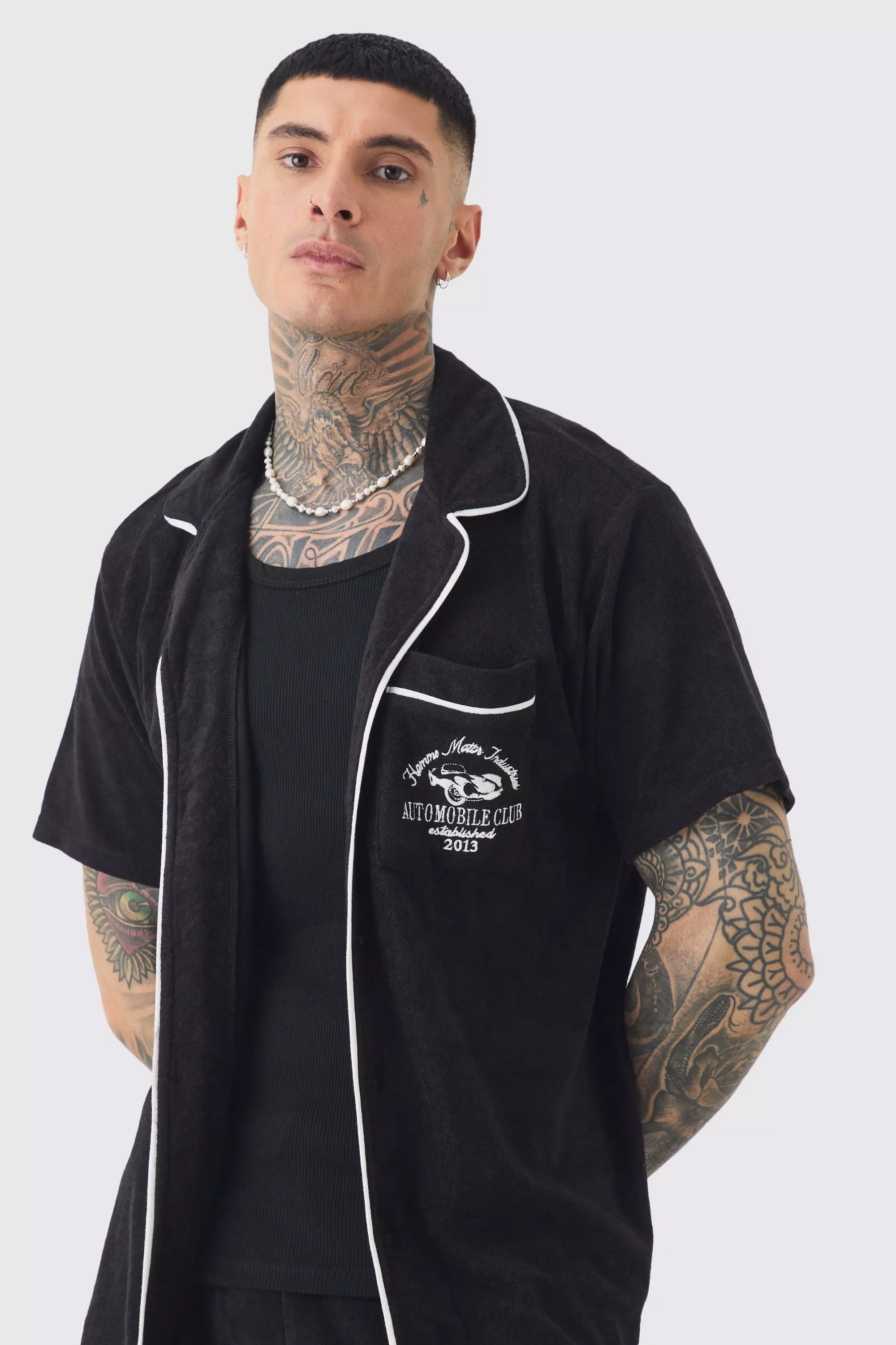 Tall Embroidered Towelling Shirt & Short Set In Black alternative image