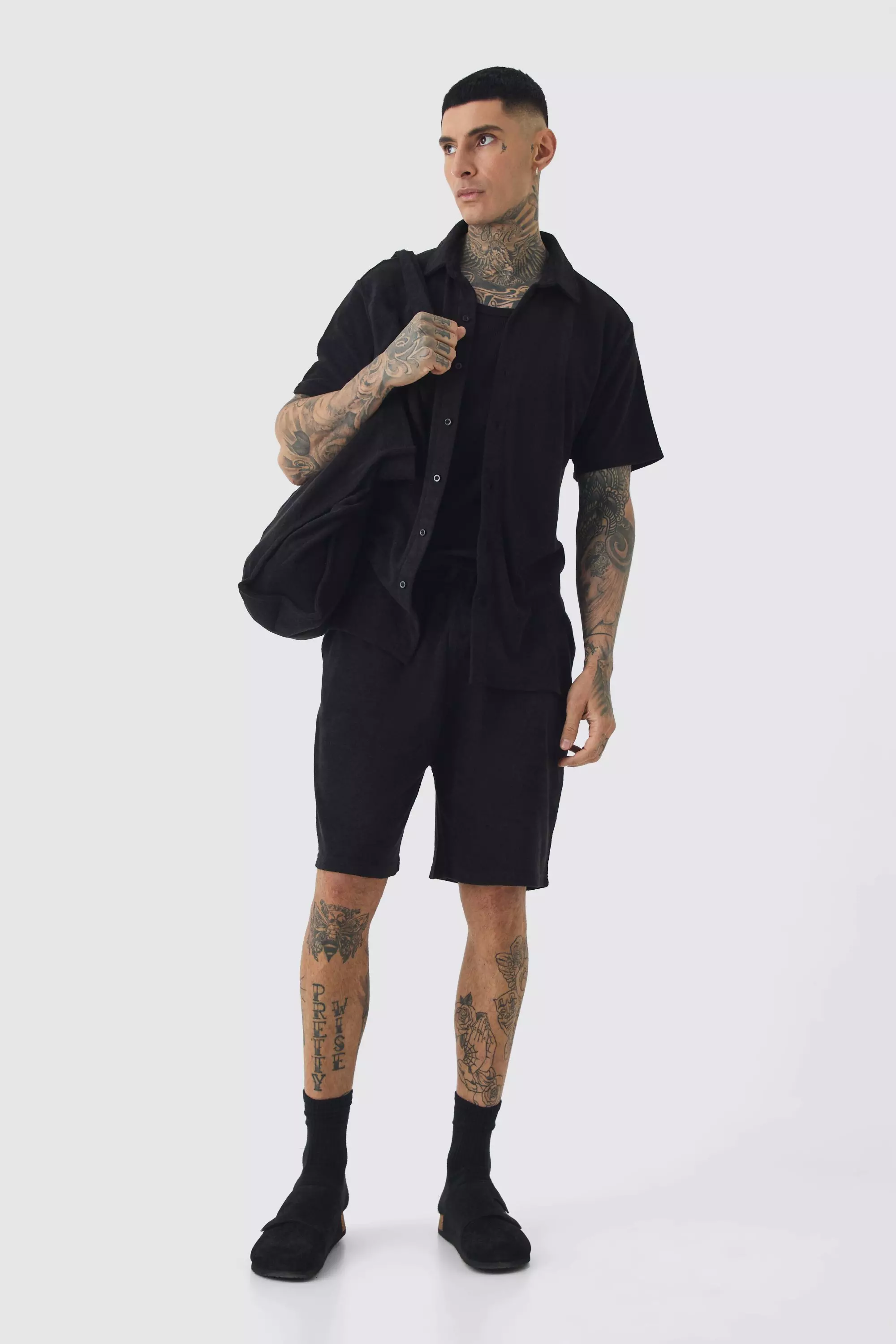 Tall Towelling Overshirt Shirt Short & Tote Set Black Black