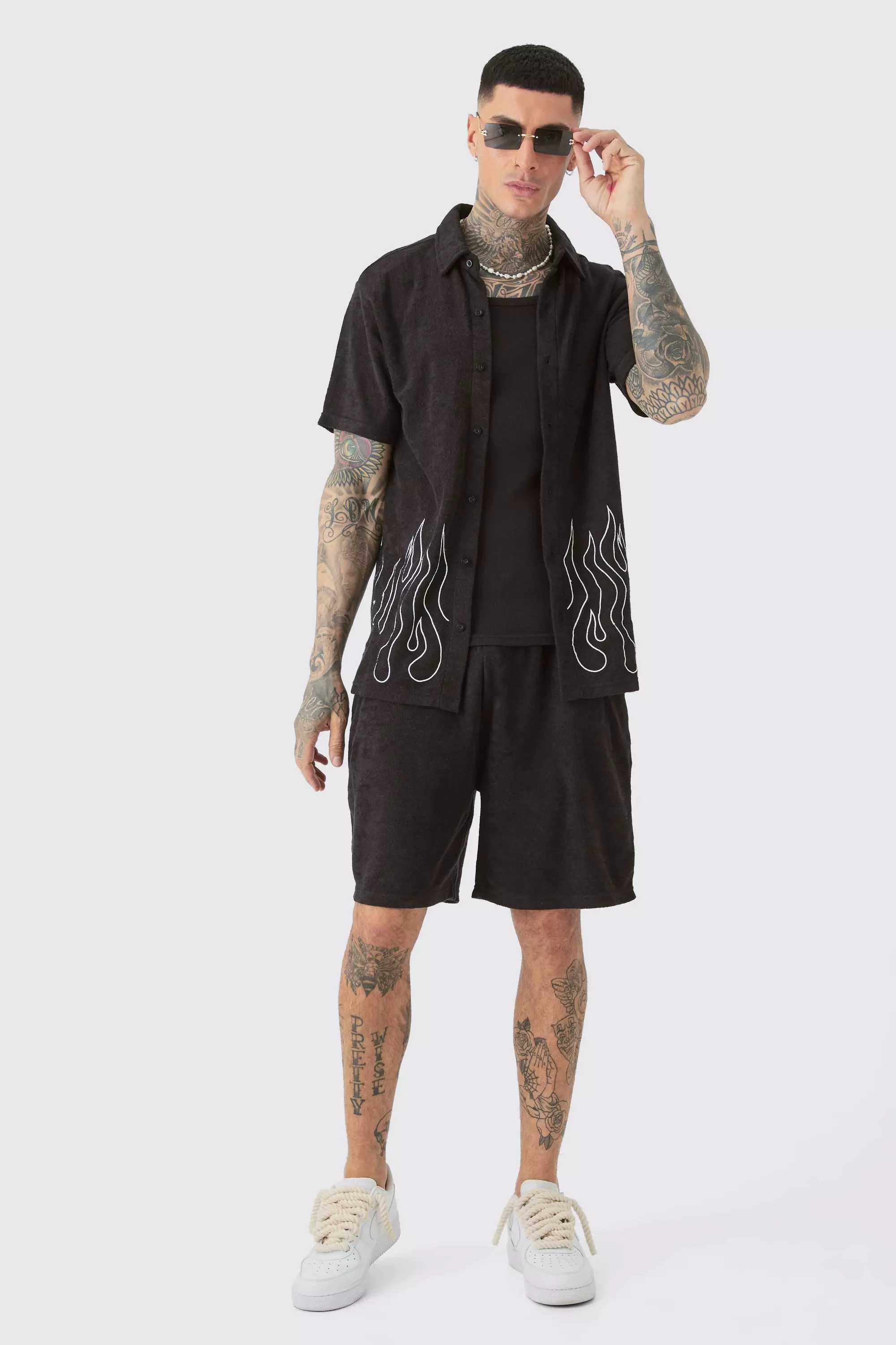 Tall Flame Embroidered Towelling Shirt & Short Set Black Black