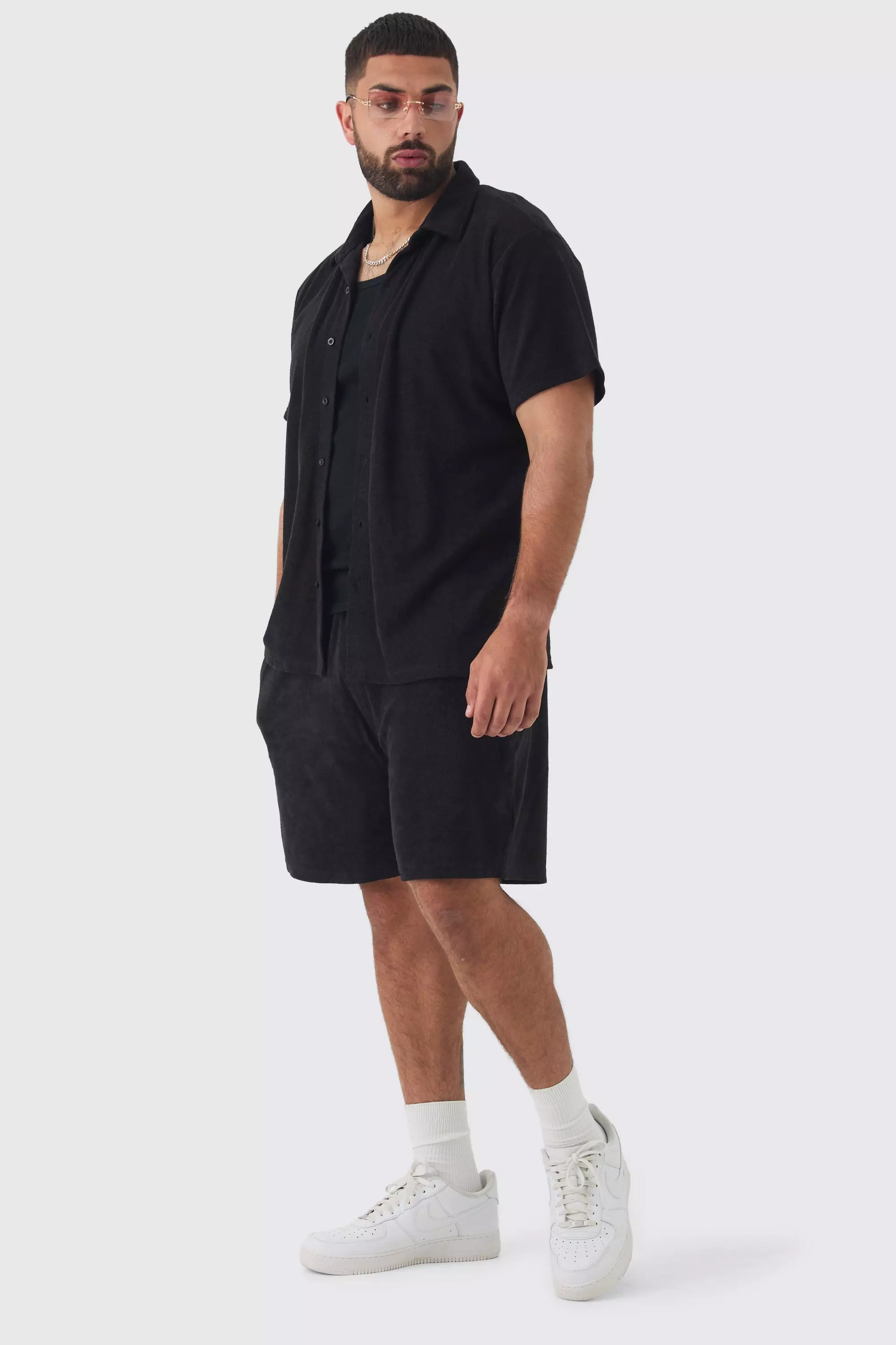 Plus Towelling Shirt & Short Set In Black Black