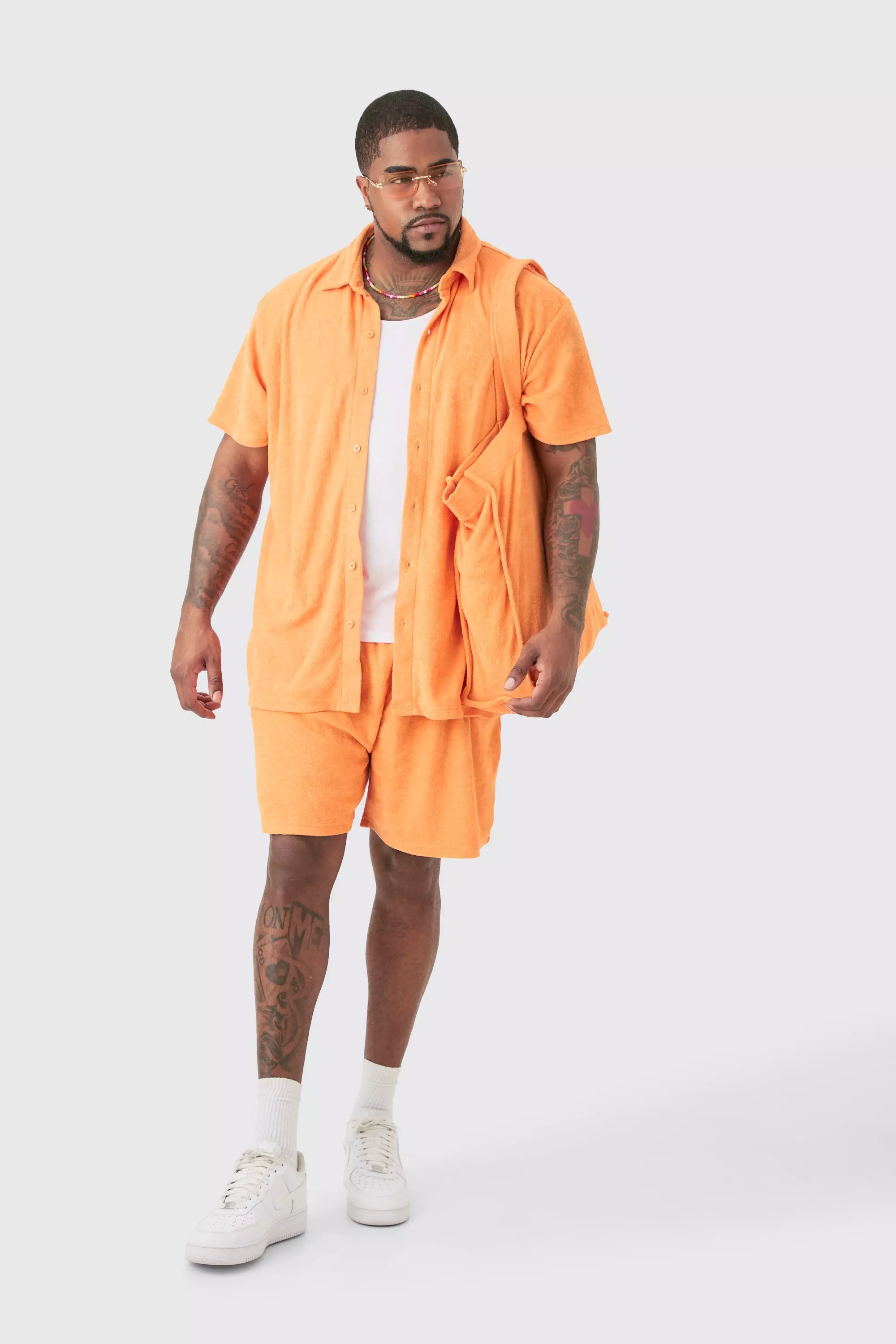 Orange Plus Towelling Shirt & Short Set With Tote Bag