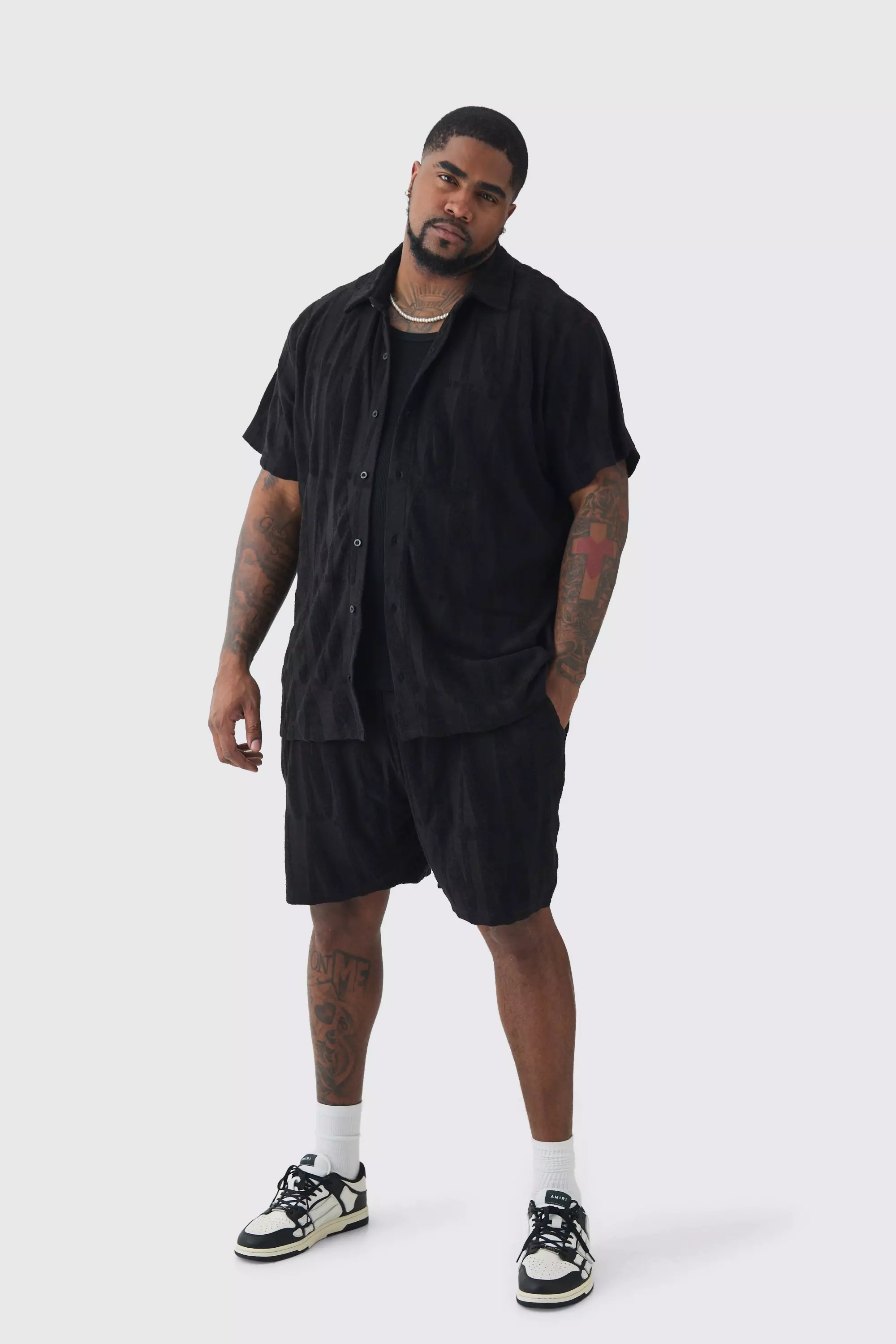 Plus Man Embossed Towelling Shirt & Short Set Black Black