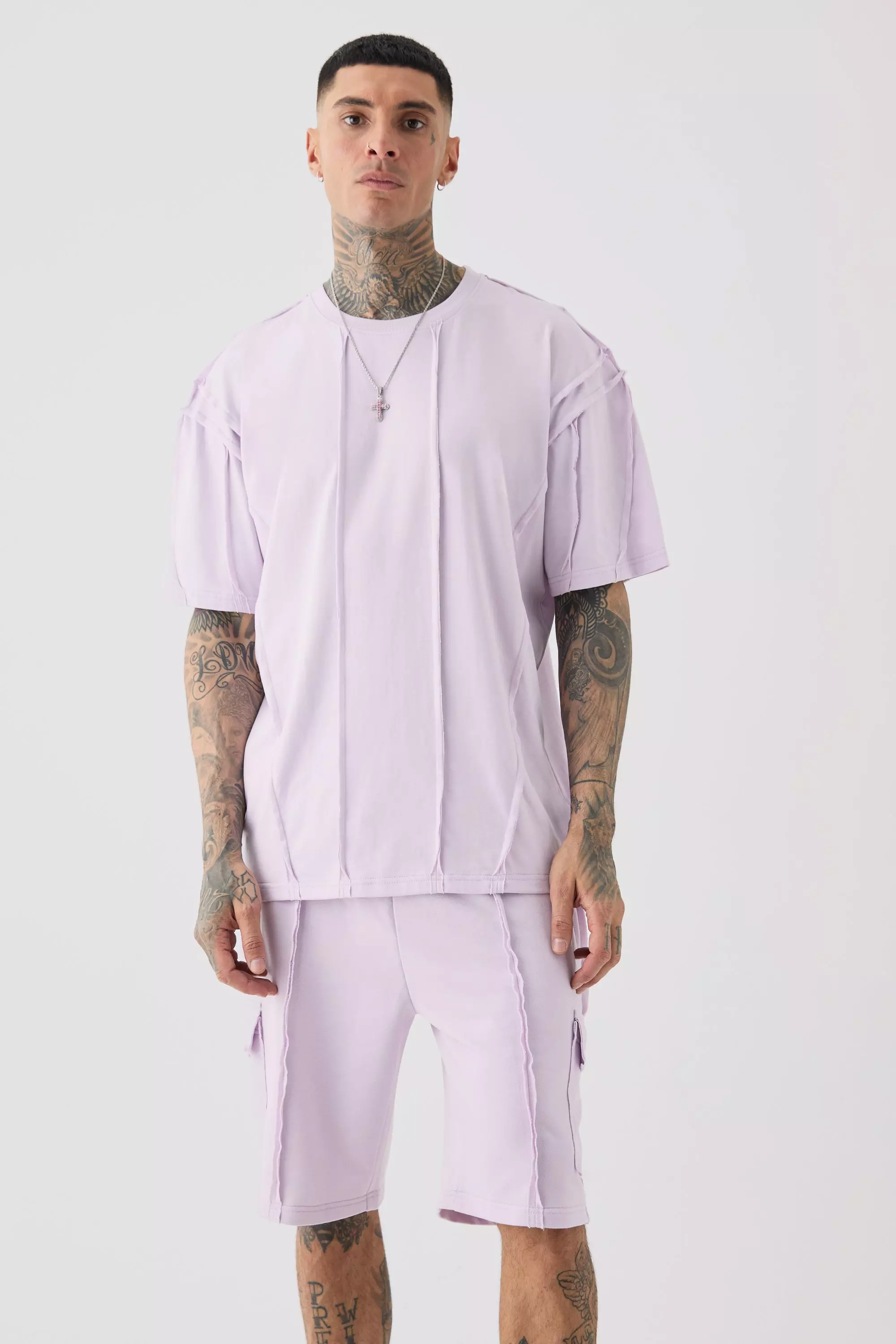 Tall Oversized Raw Interlock Seam T-shirt & Cargo Short Set Lilac