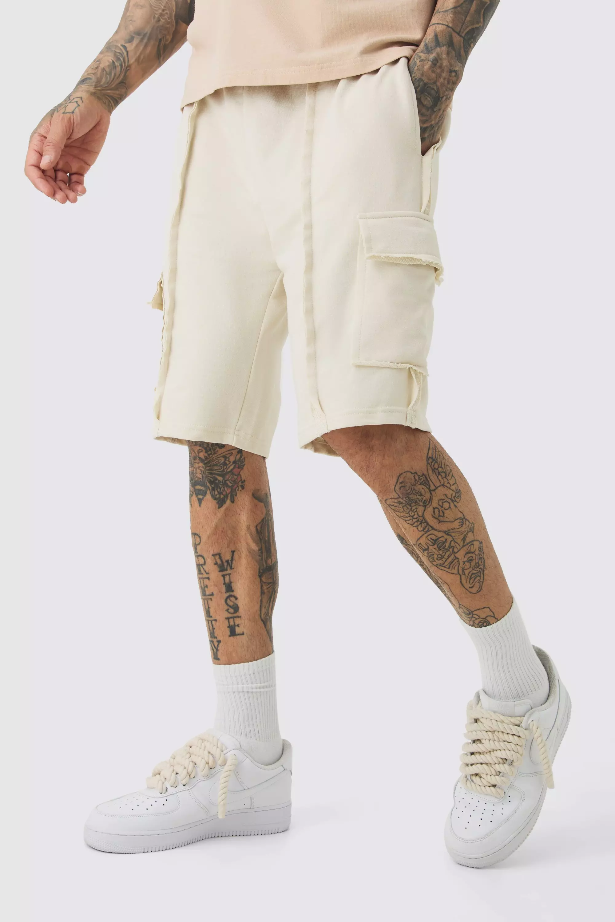 Tall Loose Fit Raw Interlock Seam Cargo Jersey Short Stone