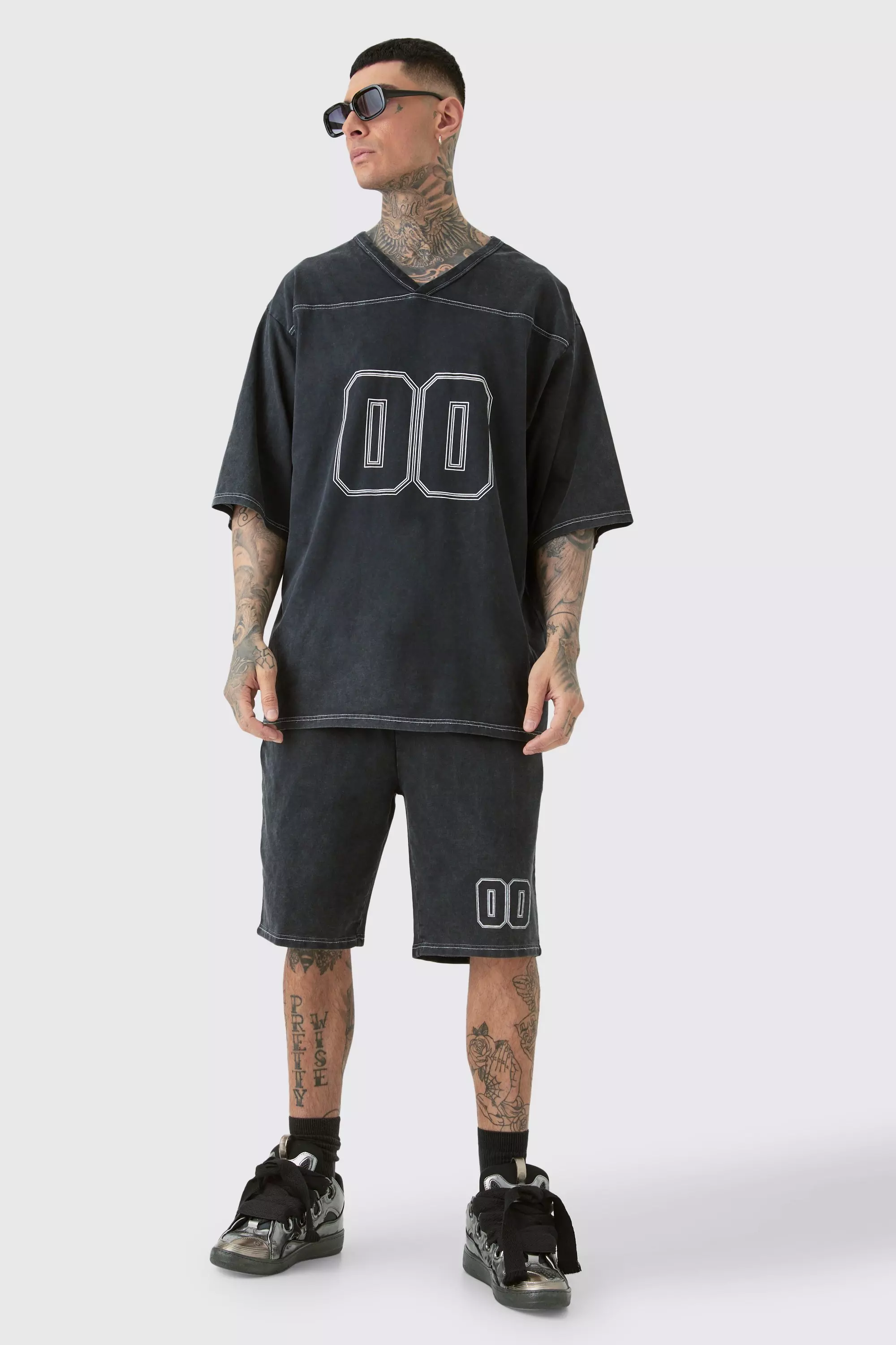 Tall Contrast Stitch Football T-shirt & Short Set Black