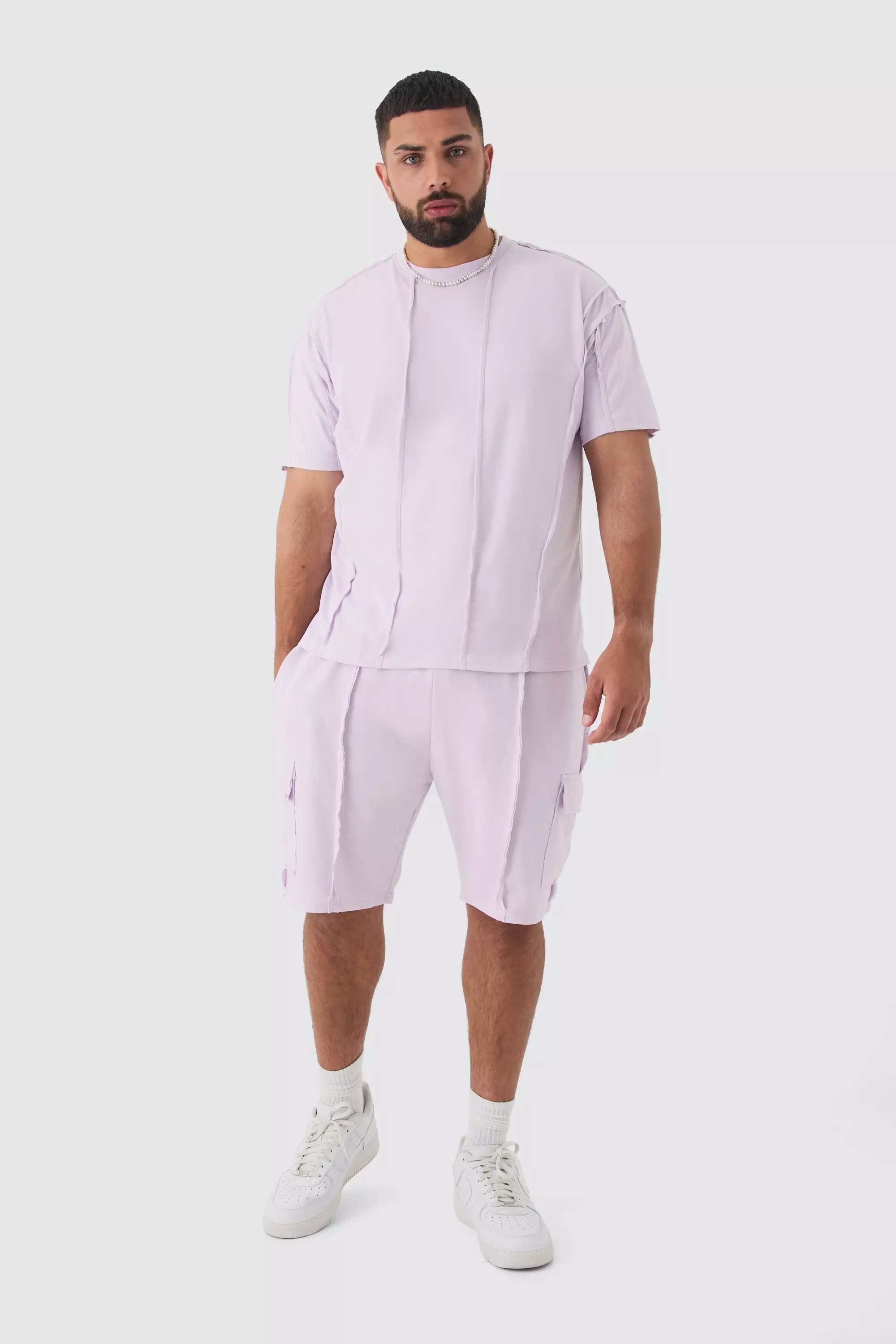 Plus Oversized Raw Interlock Seam T-shirt & Cargo Short Set Lilac