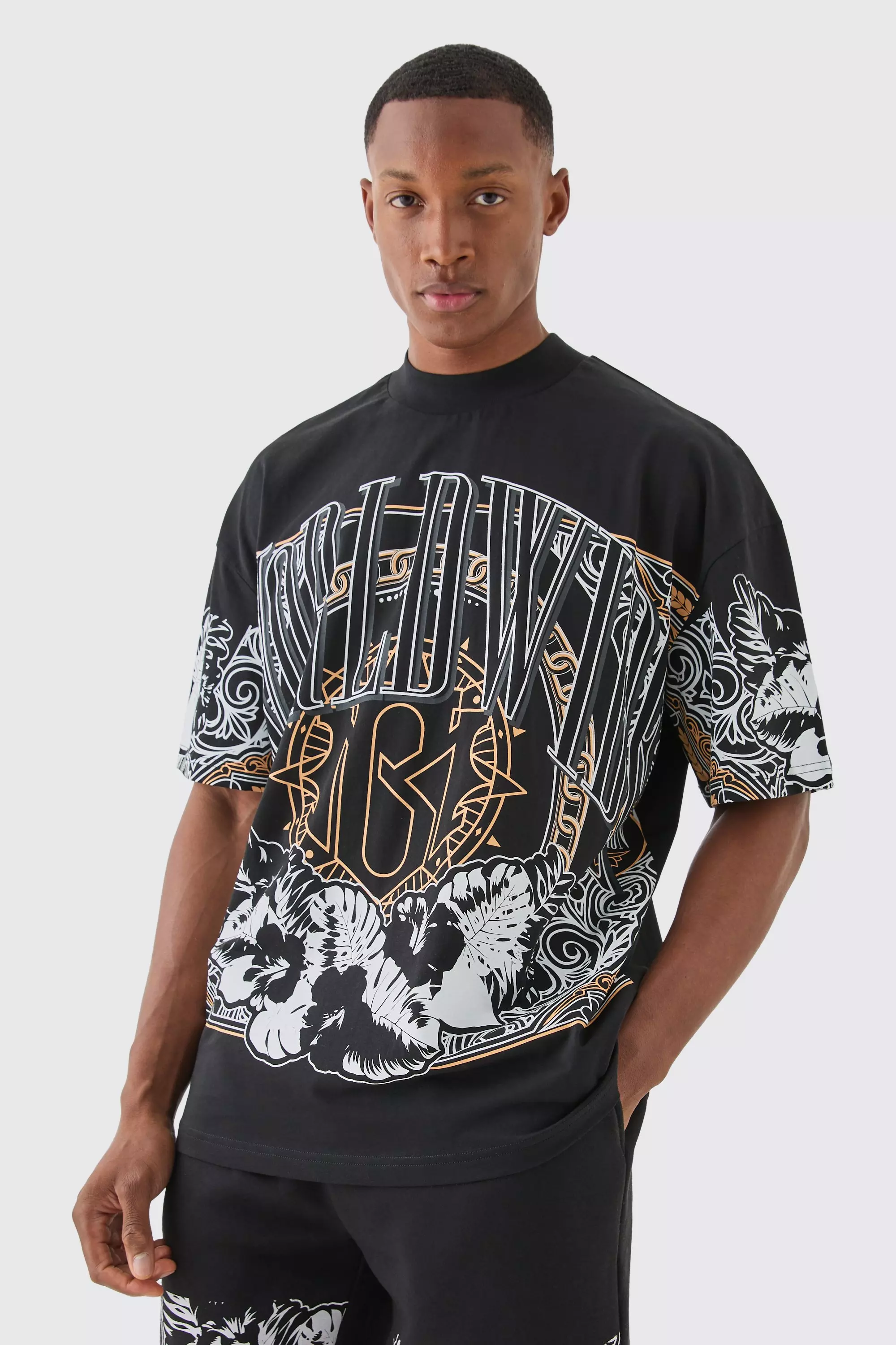 Black Oversized Extended Neck Worldwide Large Graphic T-shirt