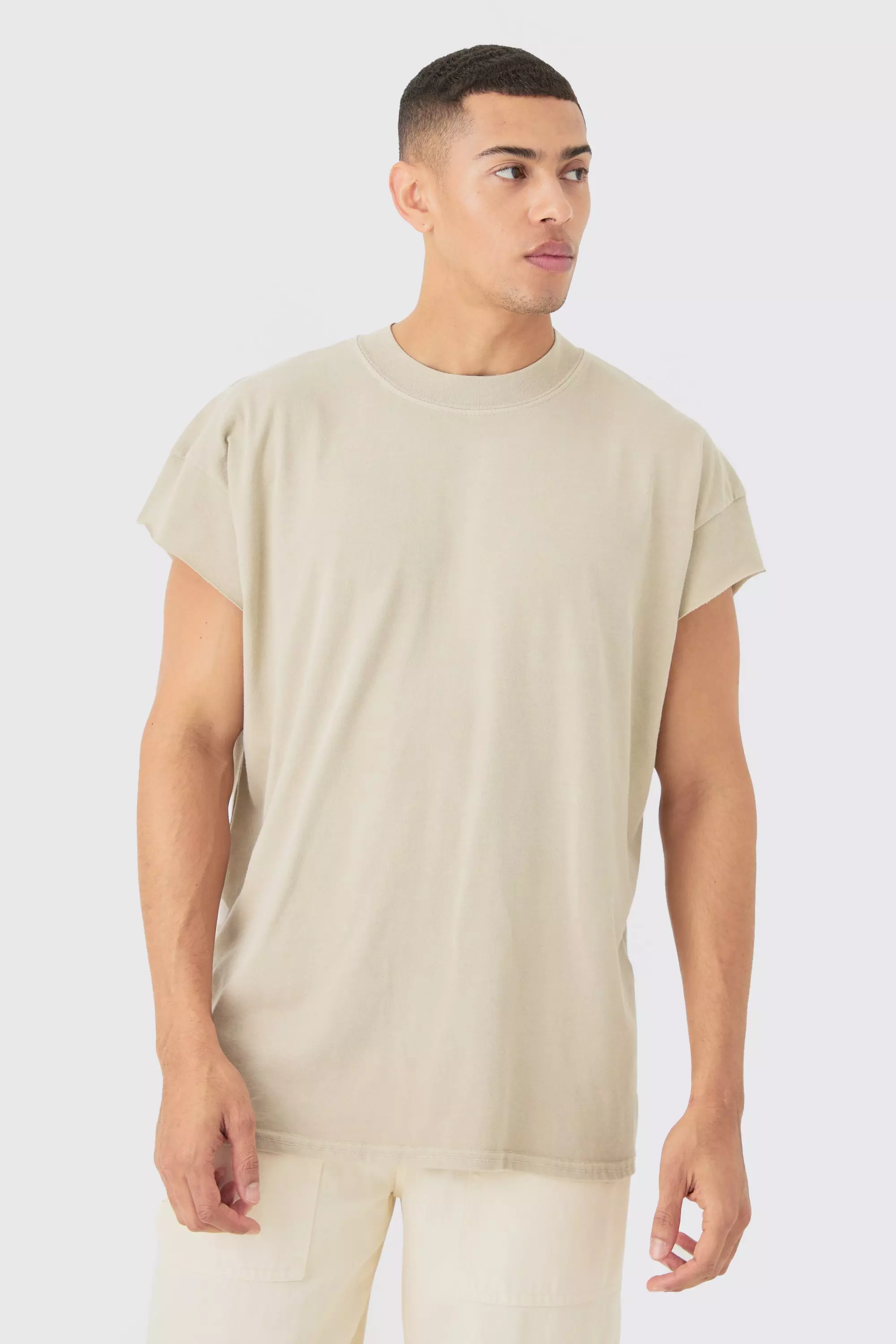 Stone Beige Oversized Wash Cut Off Sleeves T-shirt