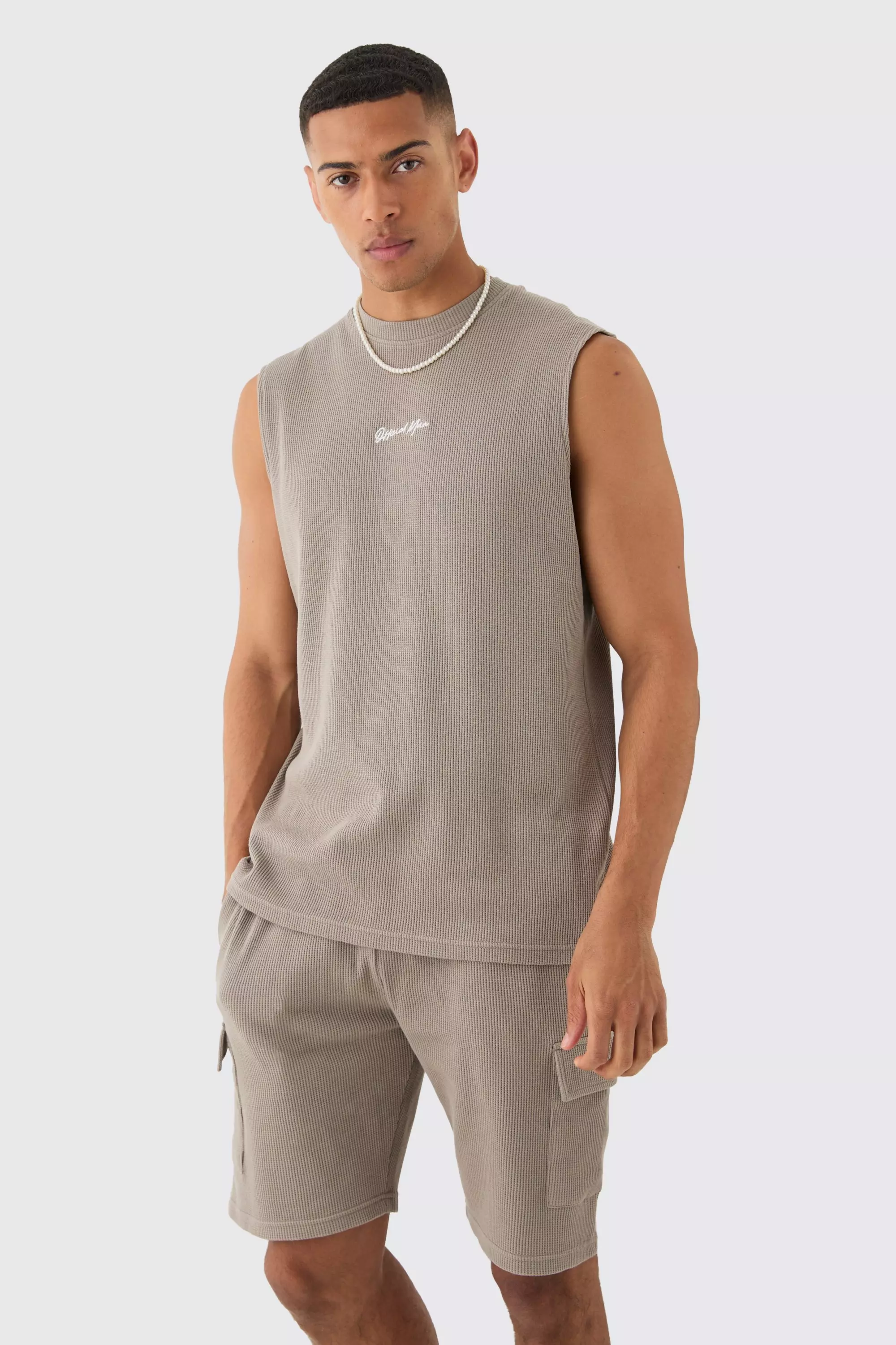 Taupe Beige Man Regular Fit Waffle Tank And Cargo Shorts Set