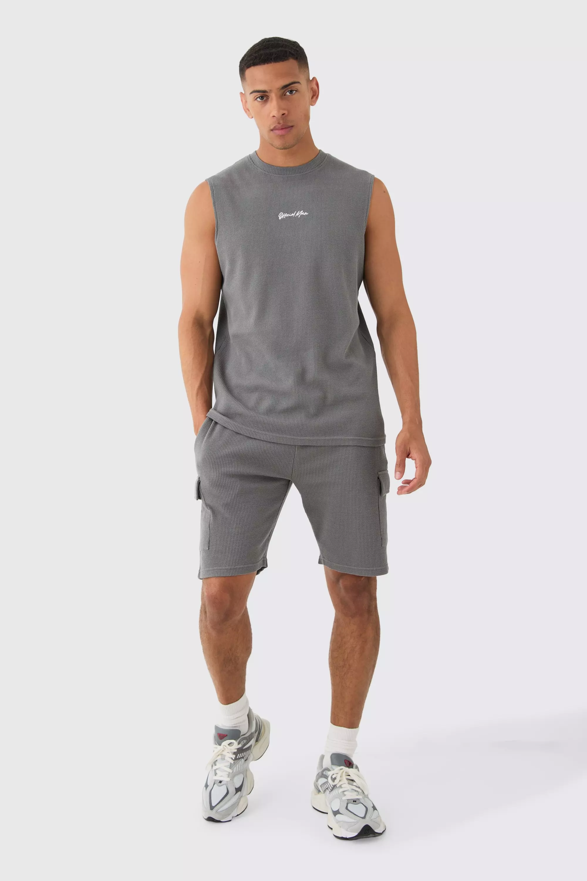 Man Regular Fit Waffle Tank And Cargo Shorts Set Charcoal