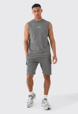 Charcoal Grey Man Regular Fit Waffle Tank And Cargo Shorts Set