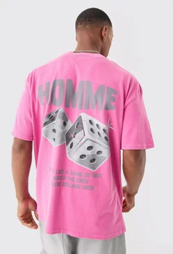 Pink Oversized Extended Neck Dice Wash T-shirt