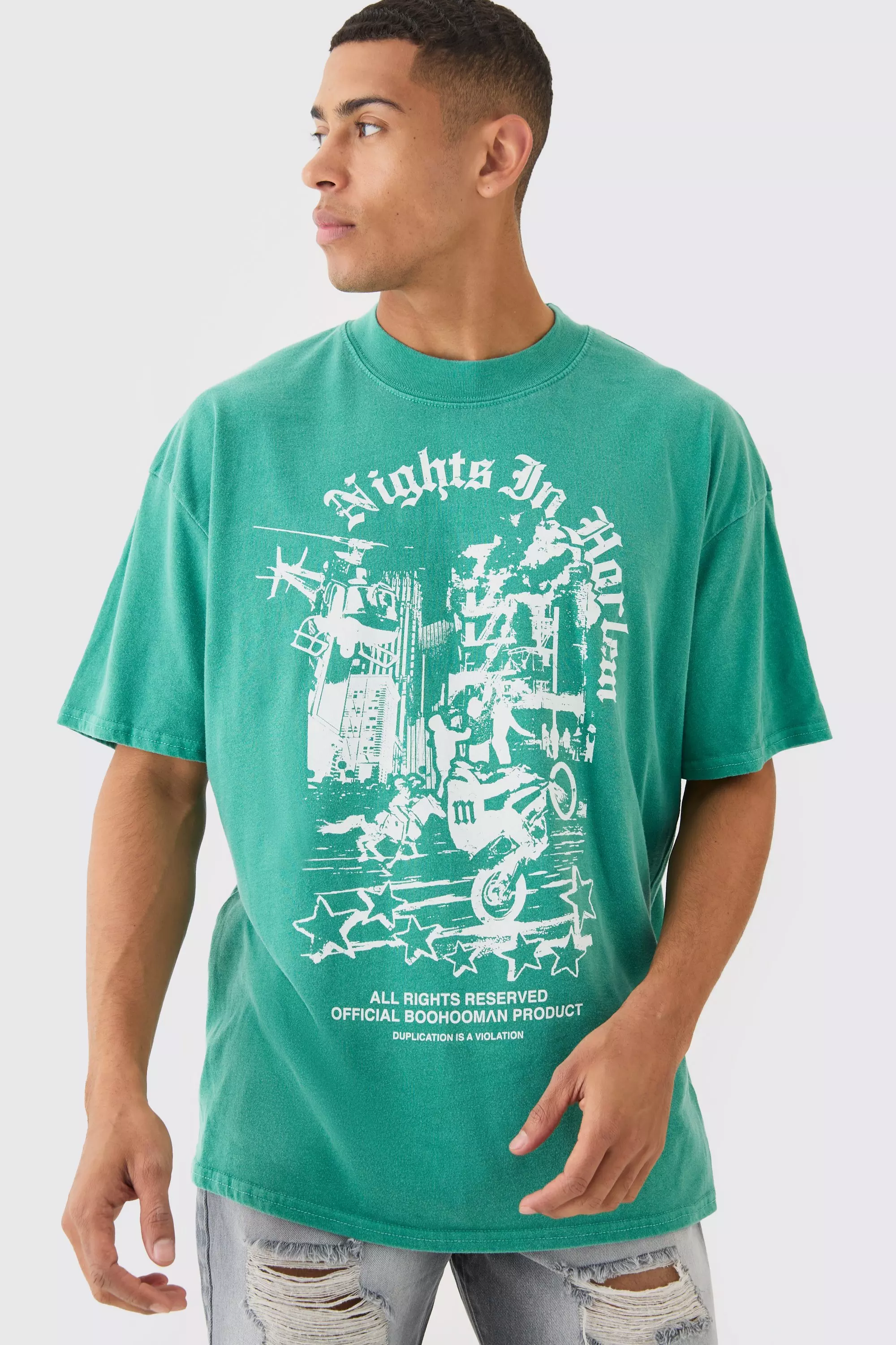 Green Oversized Washed Nights In Horlem T-shirt
