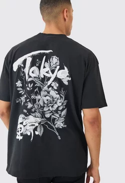 Oversized Tokyo Floral Print T-shirt Black