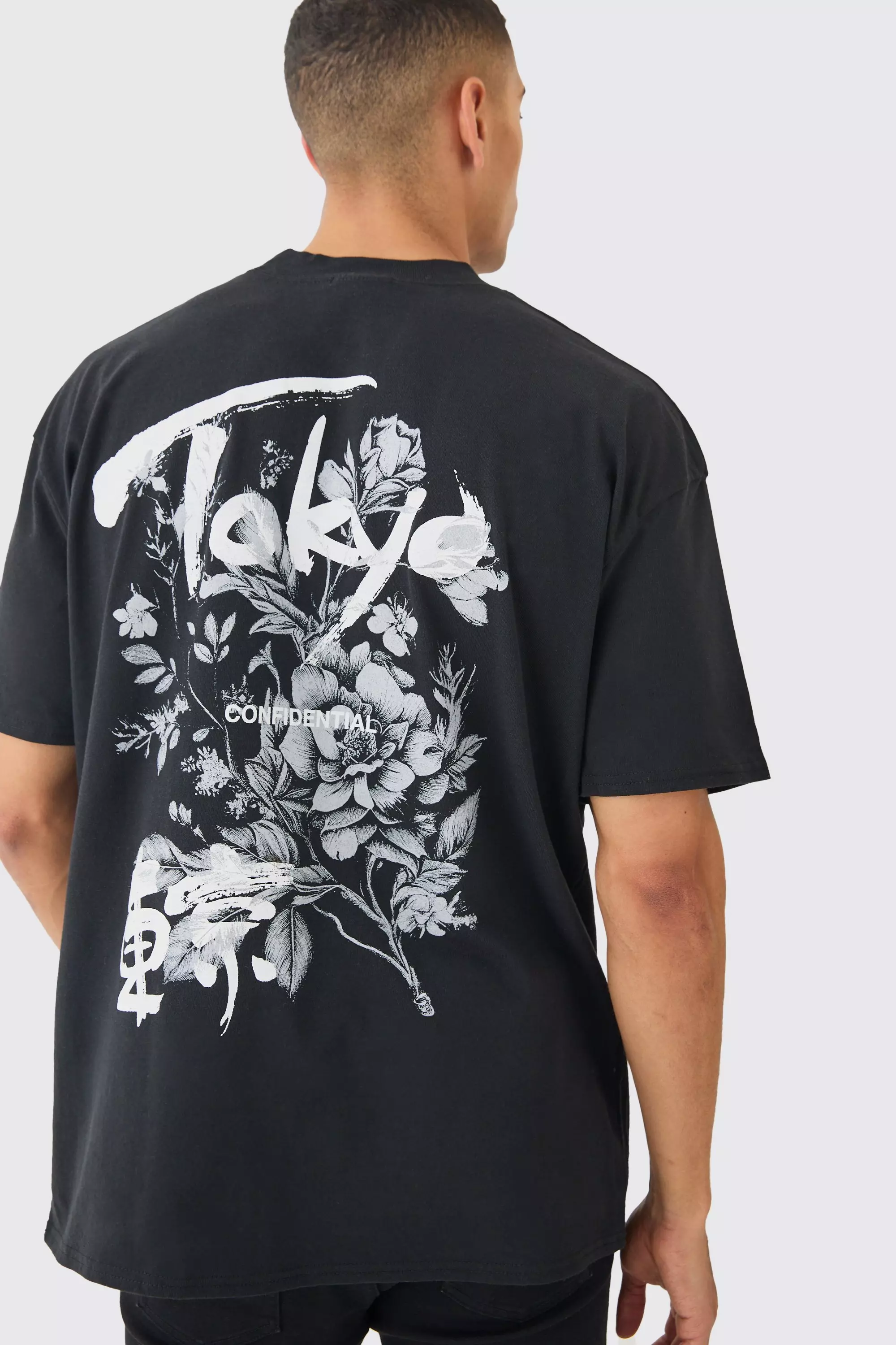 Oversized Tokyo Floral Print T-shirt Black