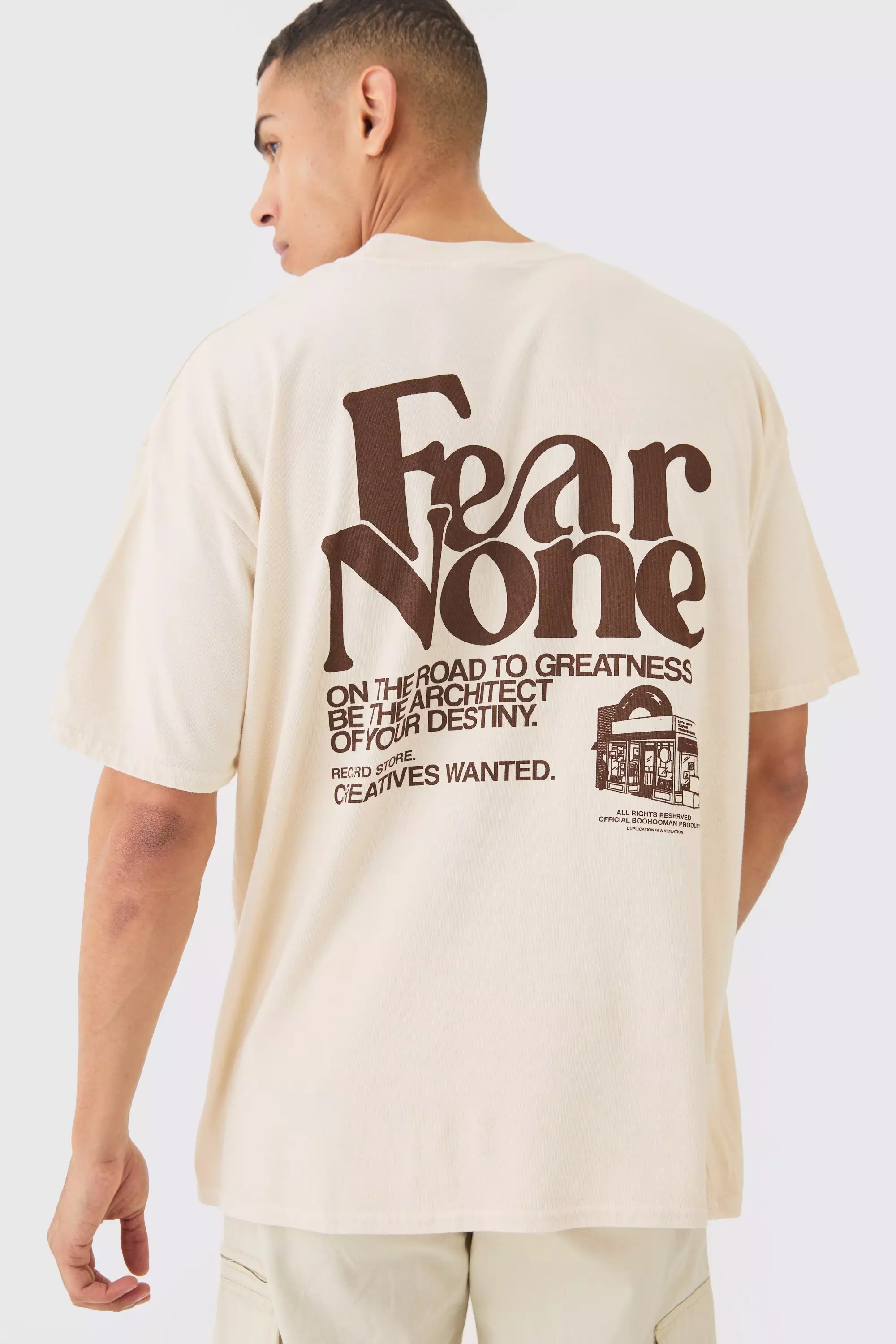 Ecru White Oversized Wash Fear None Print T-shirt