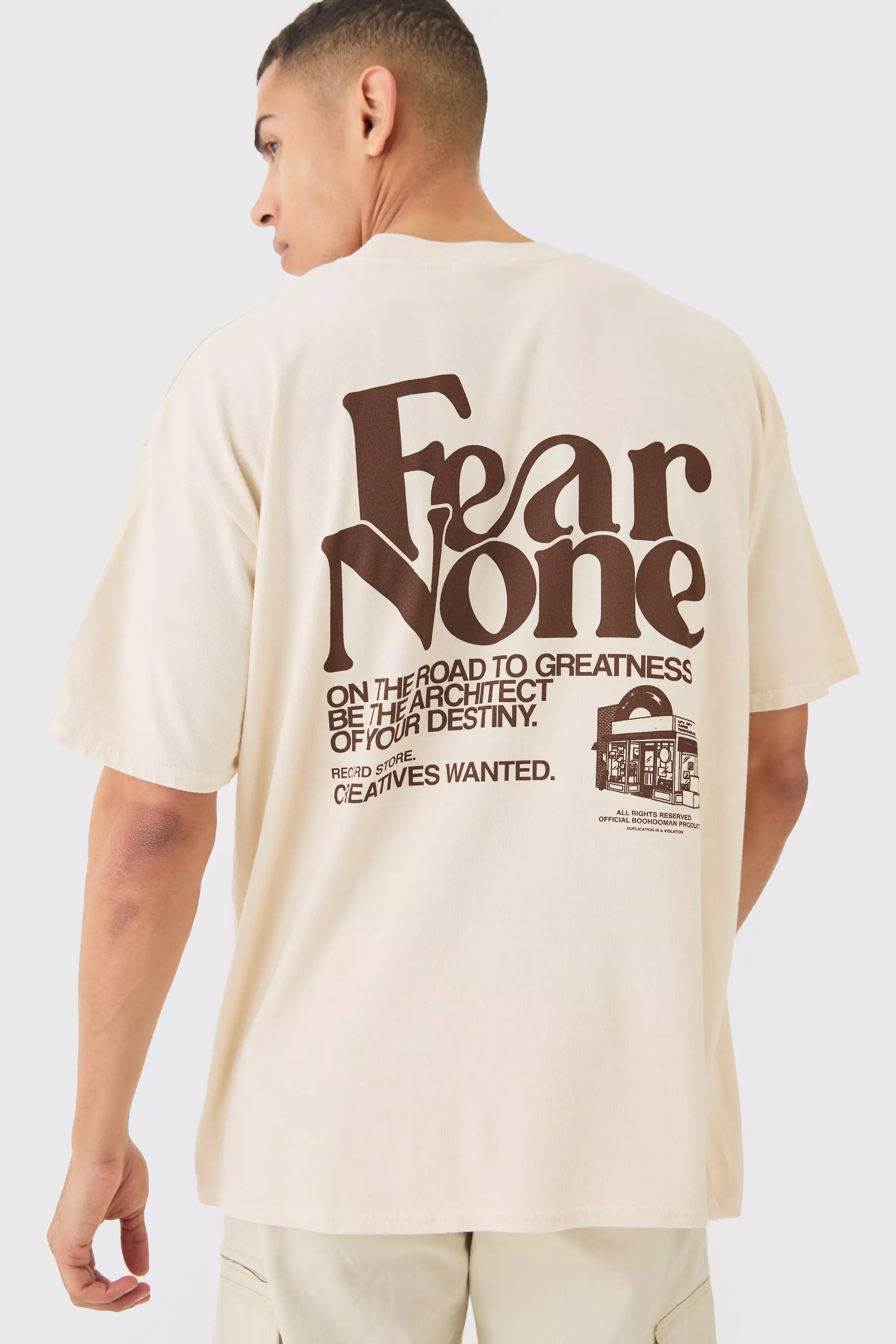 Oversized Wash Fear None Print T-shirt Ecru
