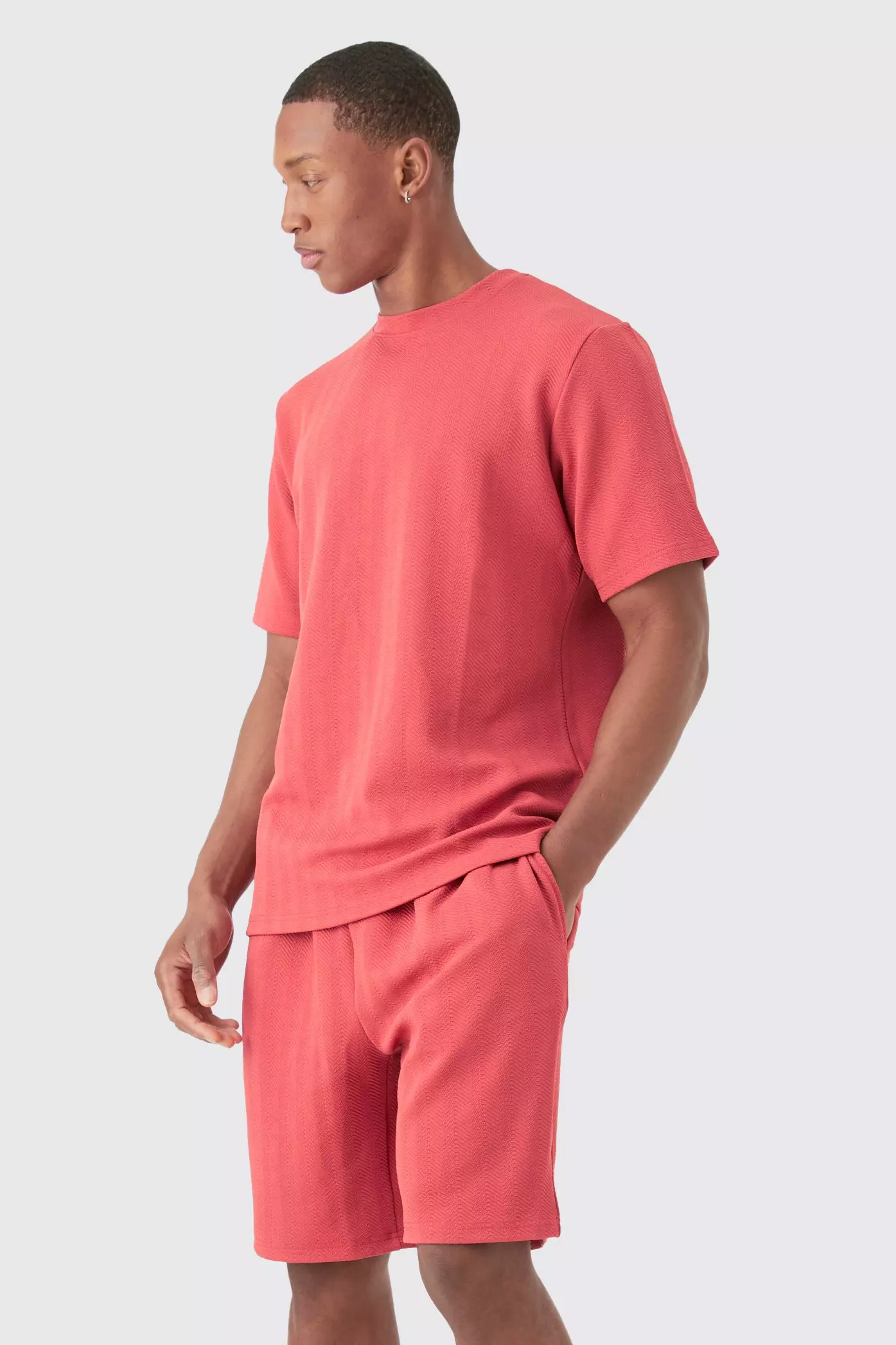 Orange Regular Fit Herringbone T-shirt And Short Set