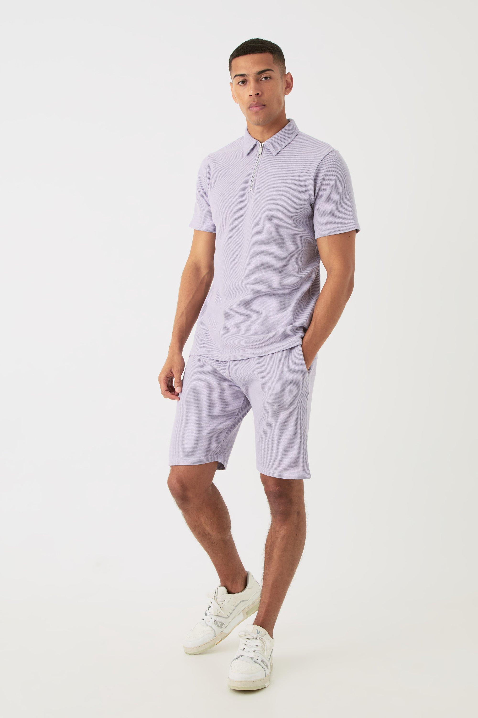 Slim Fit Waffle Polo Short Set boohooMAN UK