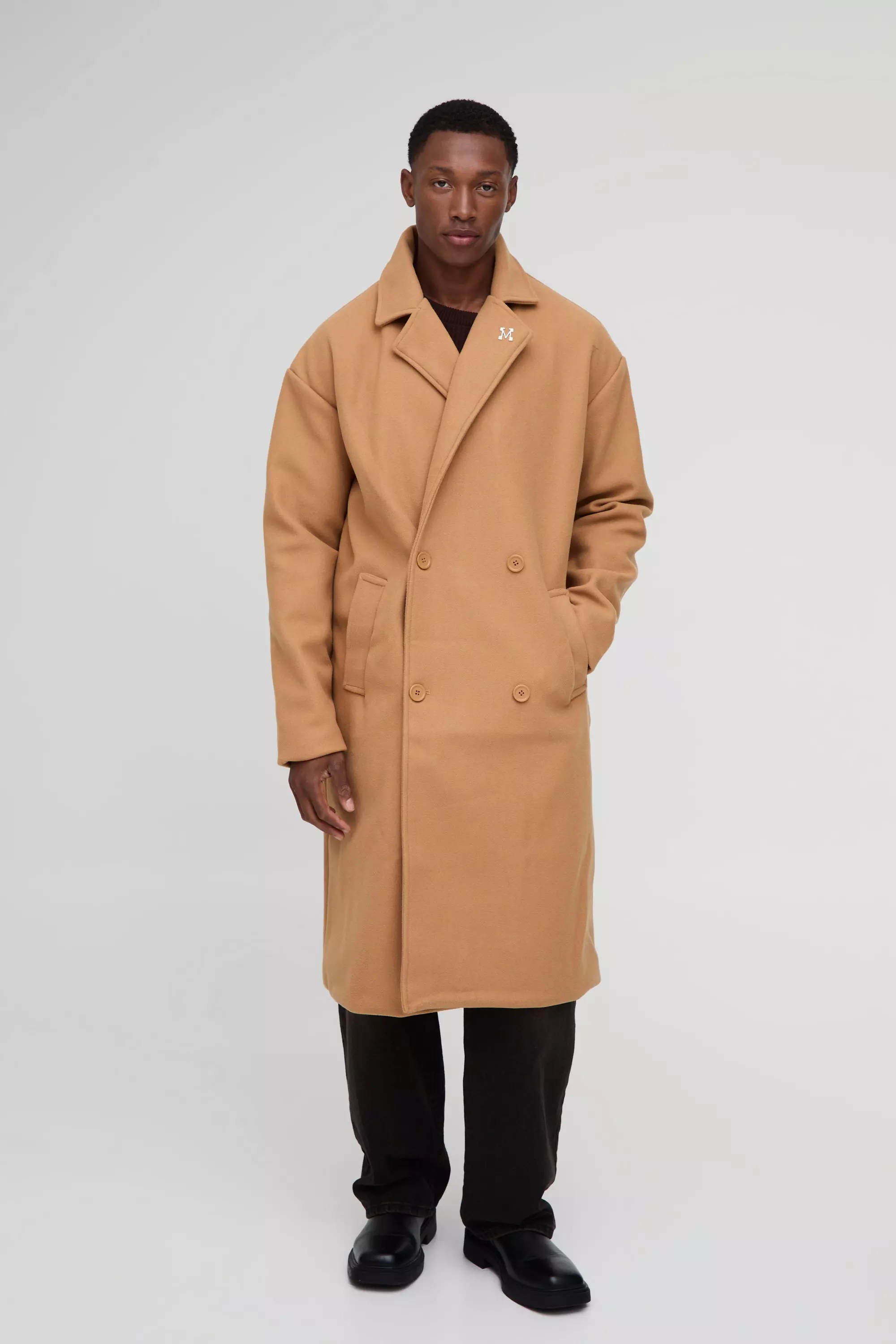 Oversized Drop Shoulder Double Breasted Overcoat In Camel boohooMAN UK