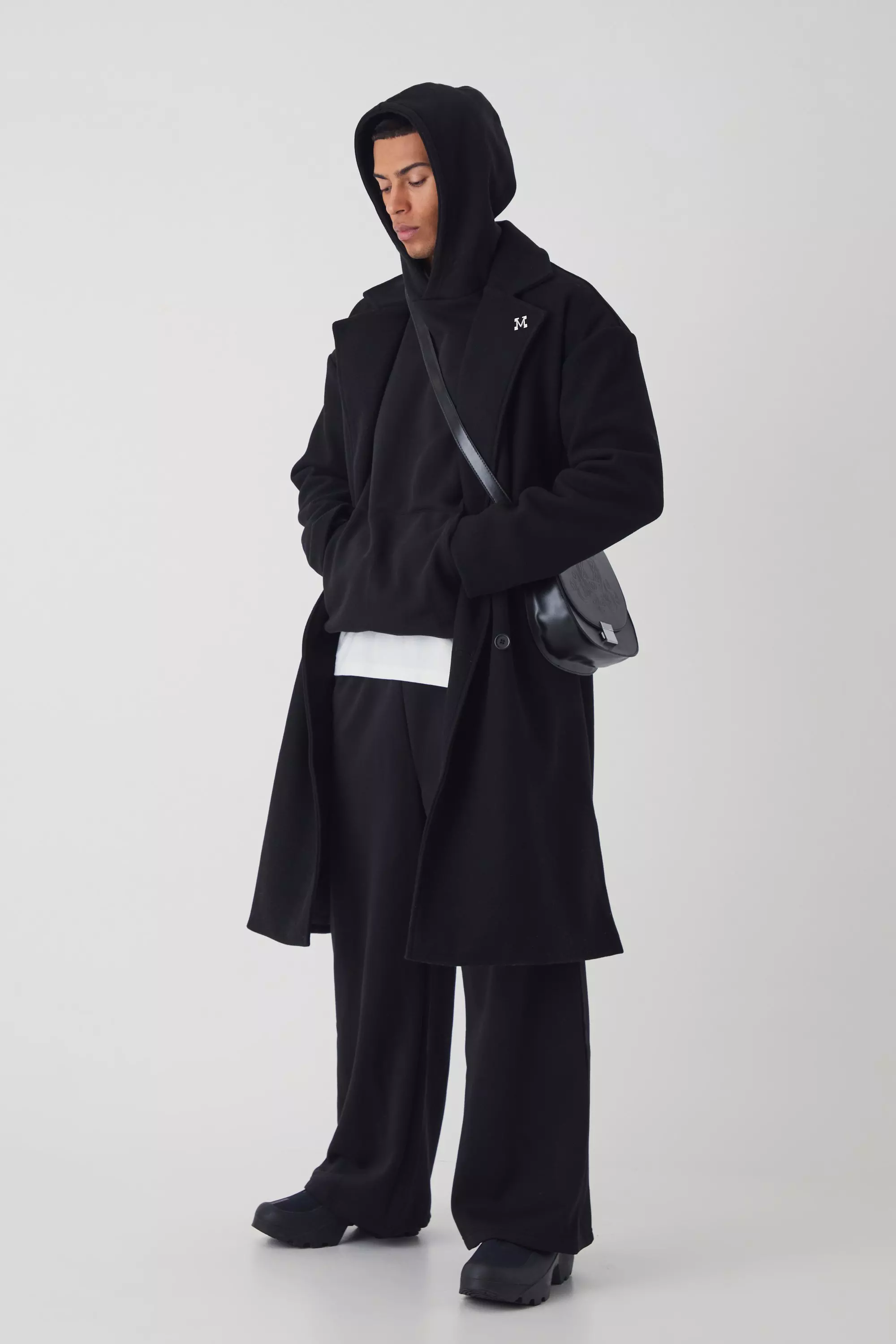 Black Oversized Drop Shoulder Double Breasted Overcoat In Black