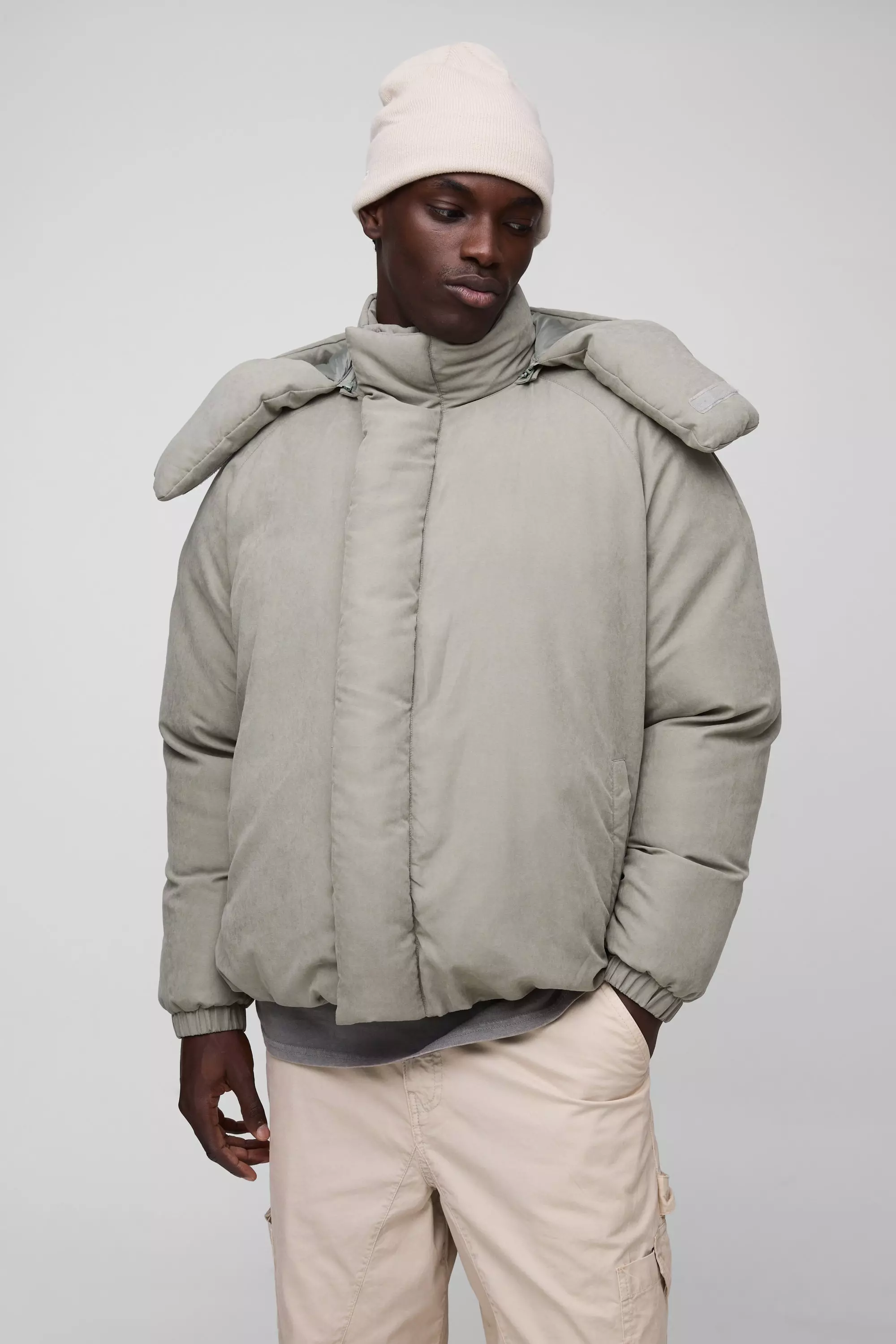 Man Extreme Heavy Padded Hooded Puffer Coat In Stone Stone