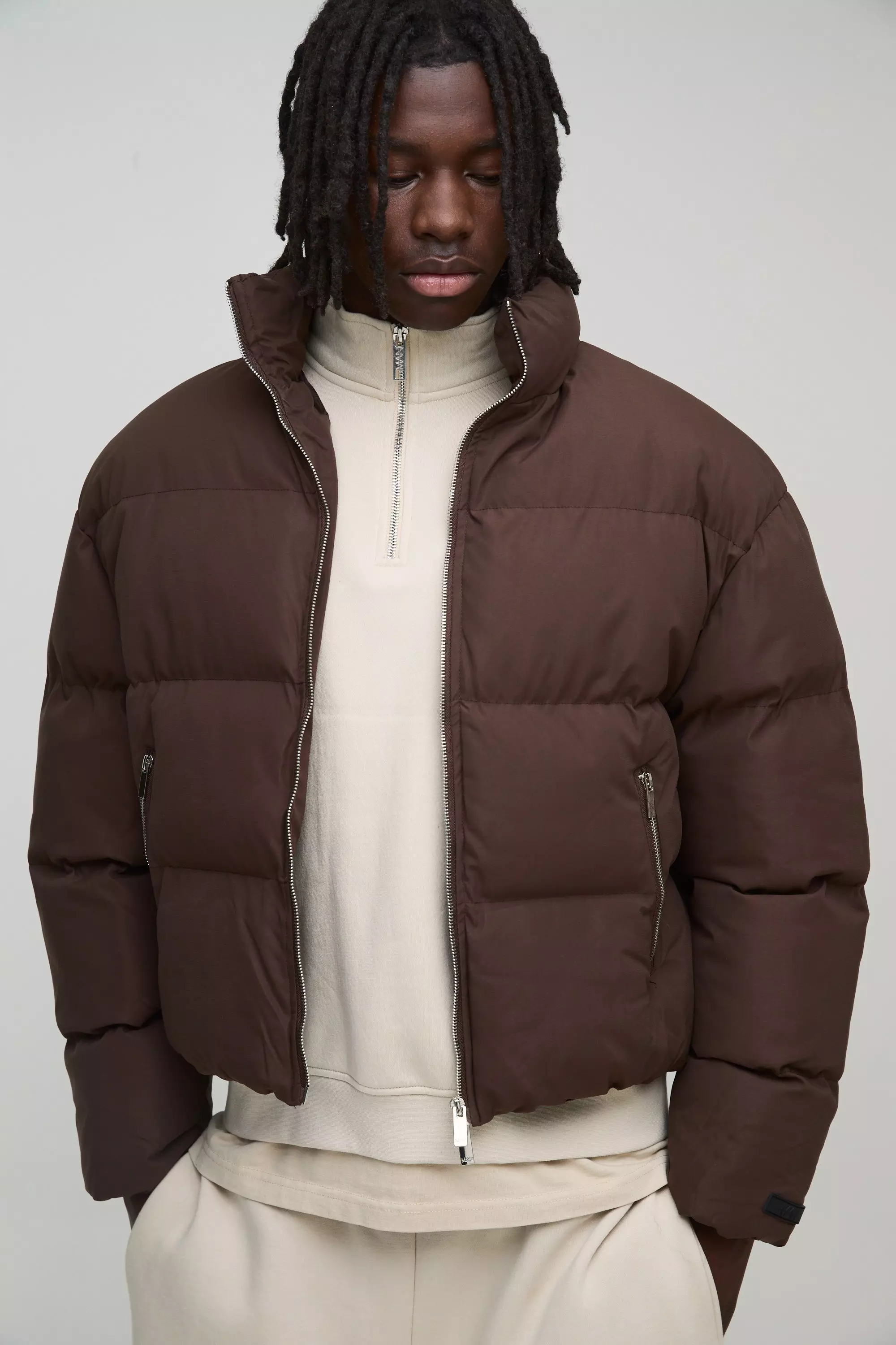 Man Boxy Fit Funnel Neck Puffer Coat In Brown alternative image